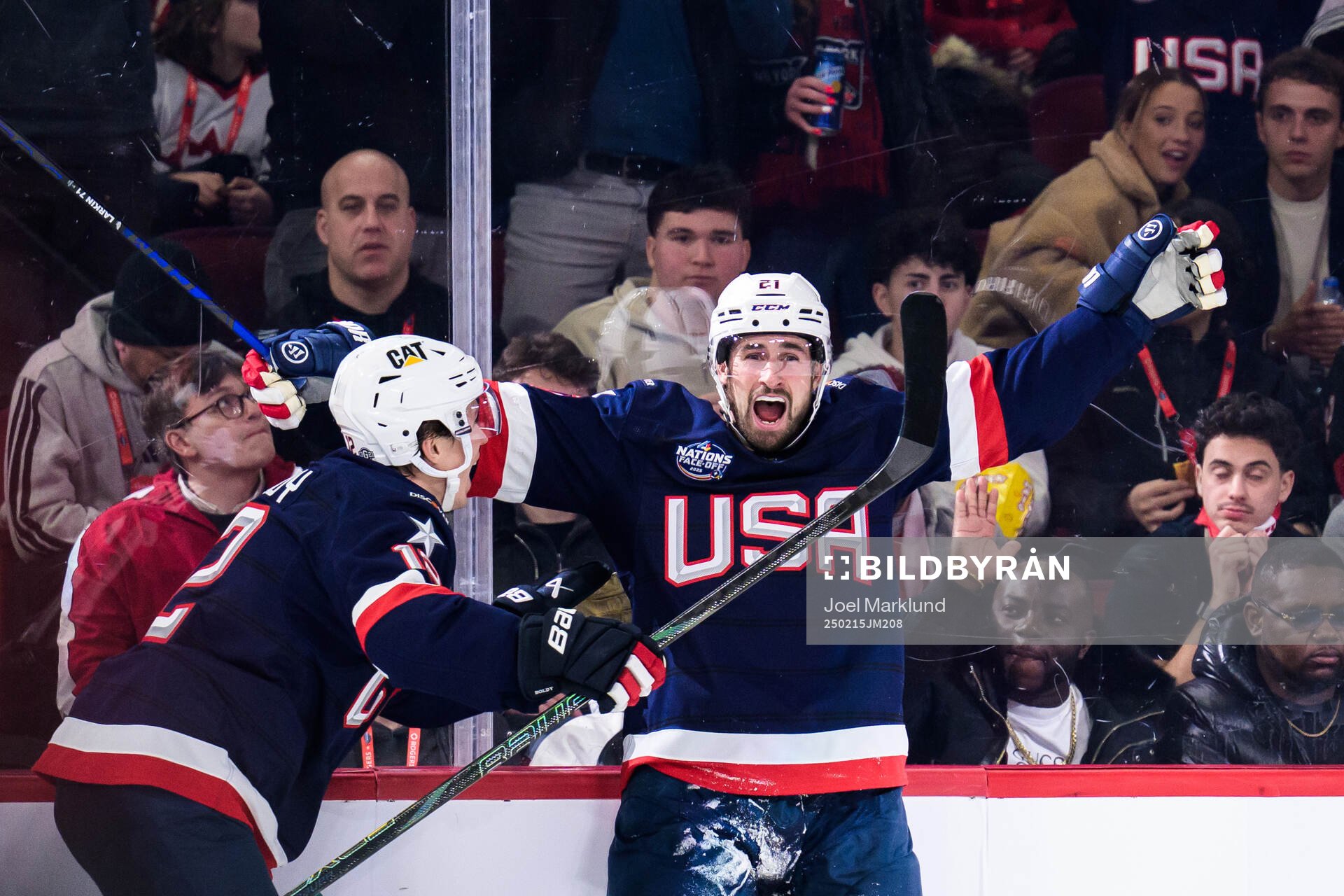 Matt Boldy and Dylan Larkin of USA celebrate the 1-2 goal
