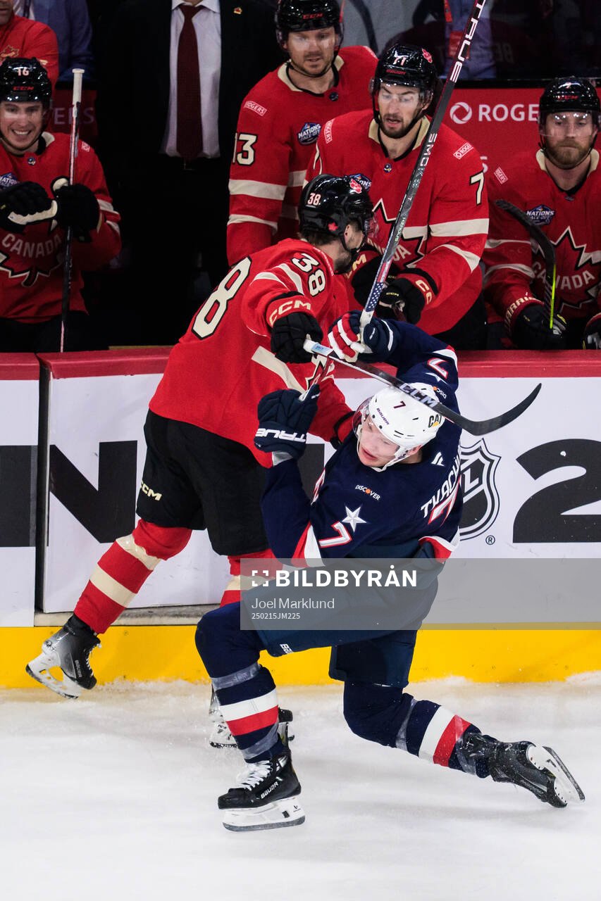 Brandon Hagel of Canada and Brady Tkachuk of USA