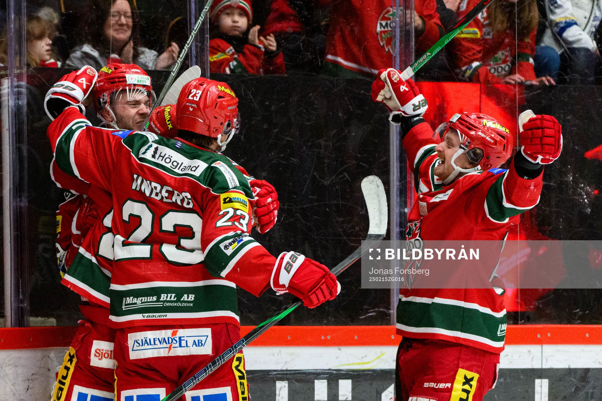 Modos Sam Vigneault jublar med lagkamrater