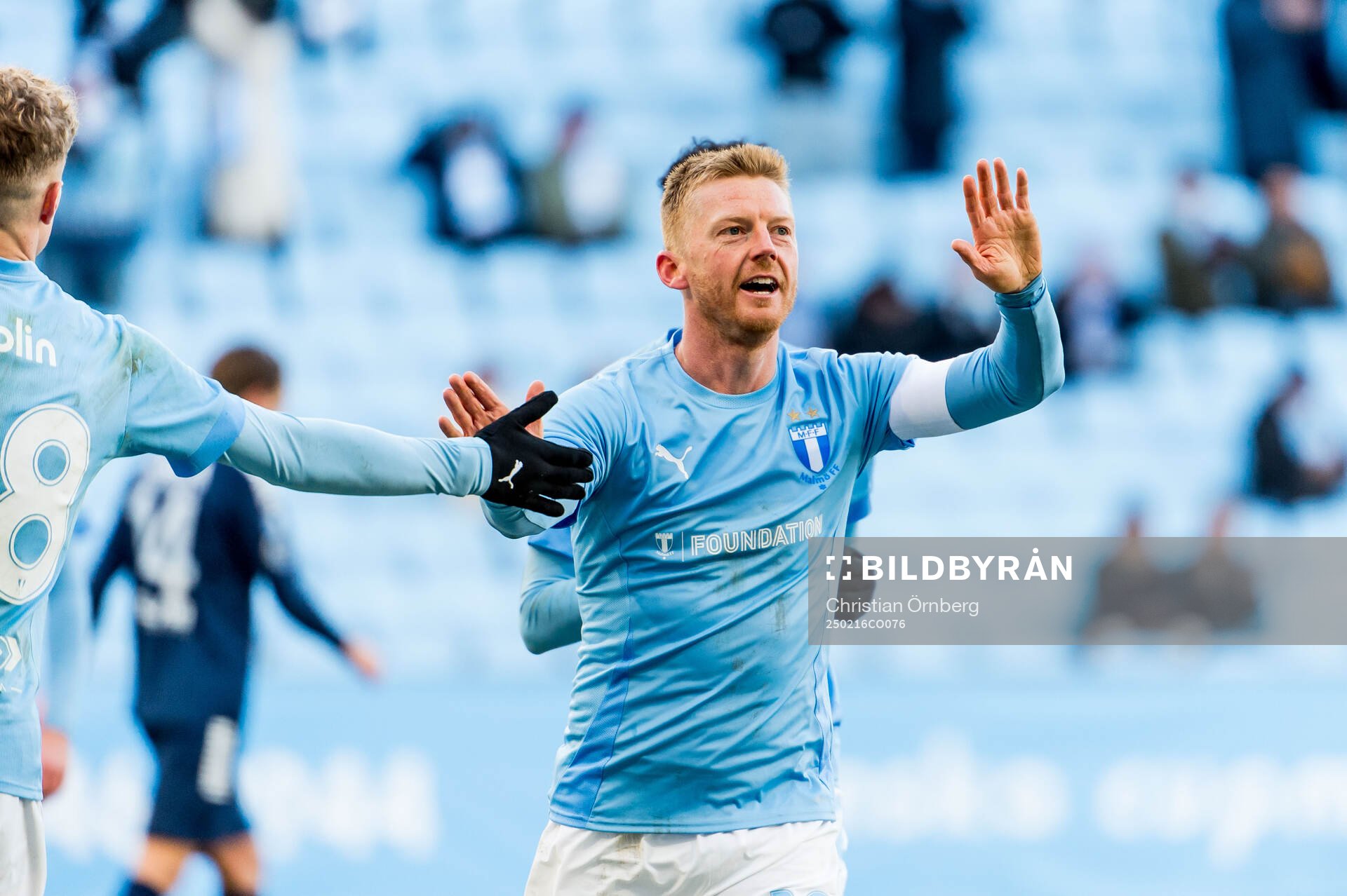 Malmö FFs Anders Christiansen jublar efter 4-0 under fotbollsmatchen i Svenska Cupen mellan Malmö FF och Utsikten den 16 februari 2025 i Malmö.