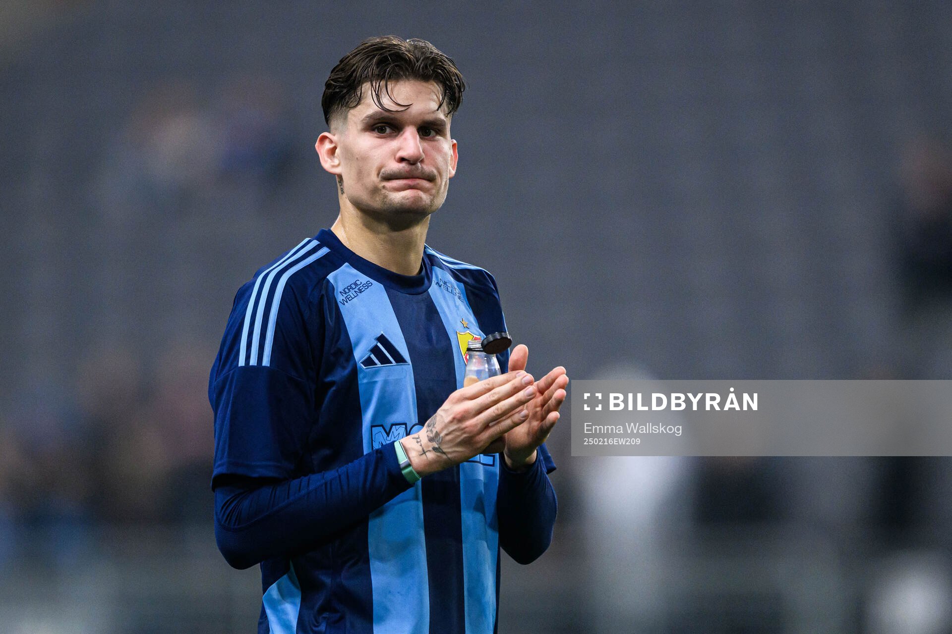 Djurgårdens Nino Zugelj jublar efter fotbollsmatchen i Svenska Cupen mellan Djurgården och Sandvikens IF den 16 februari 2025 i Stockholm.