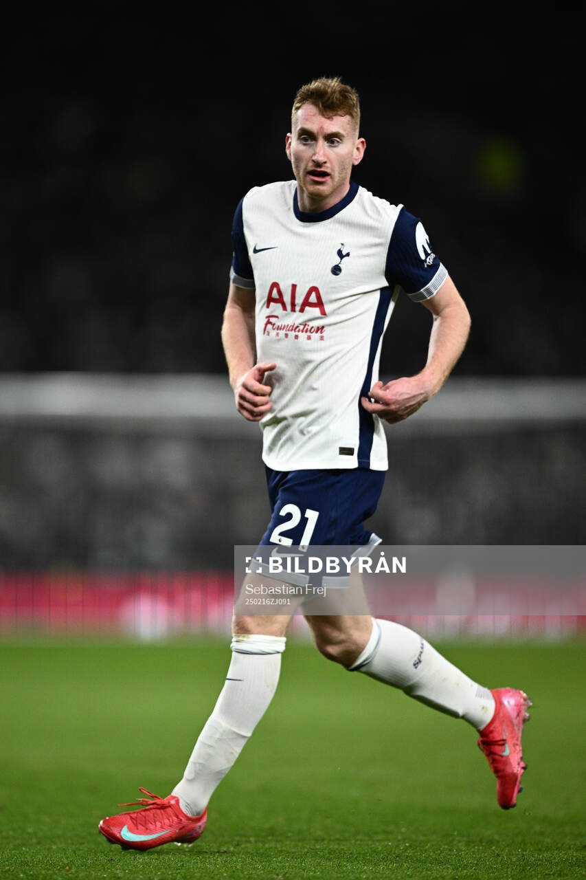 Dejan Kulusevski of Tottenham during the Premier League football match between Tottenham Hotspur and Manchester United on February 16, 2025 in London.