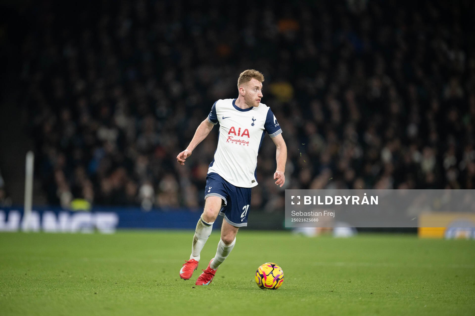 Dejan Kulusevski of Tottenham during the Premier League football match between Tottenham Hotspur and Manchester United on February 16, 2025 in London.