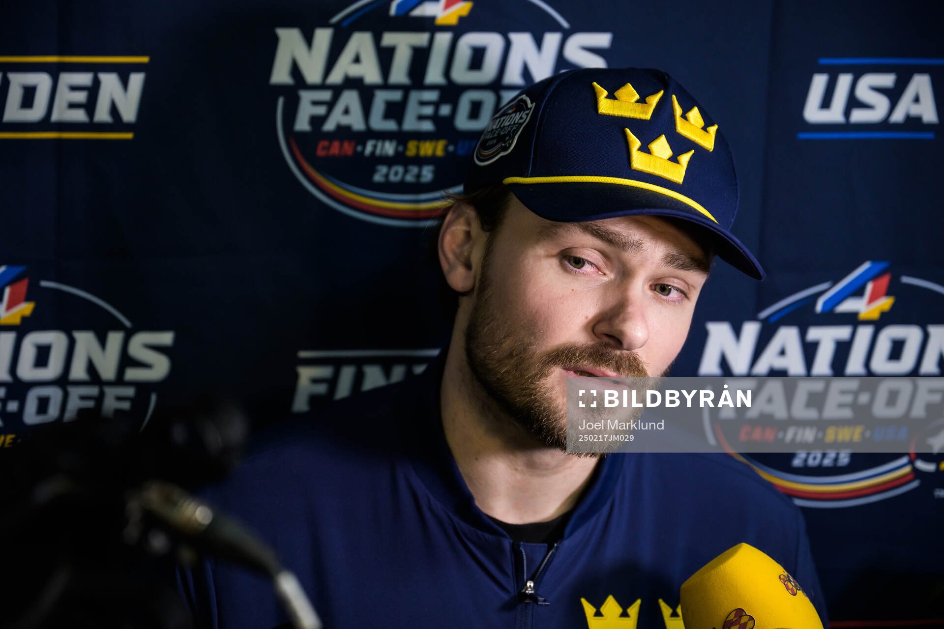 Rasmus Andersson of Sweden is being interviewed by media