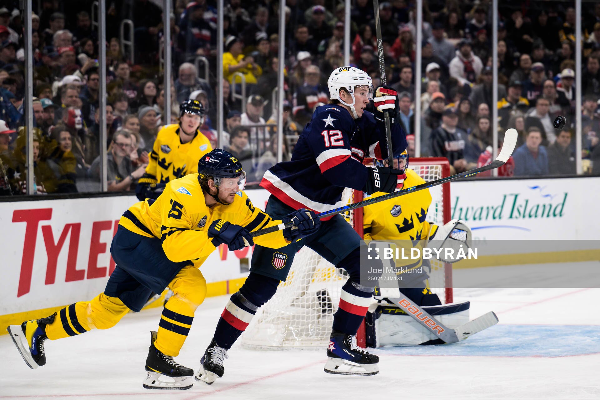 Jonas Brodin and goaltender Samuel Ersson of Sweden are