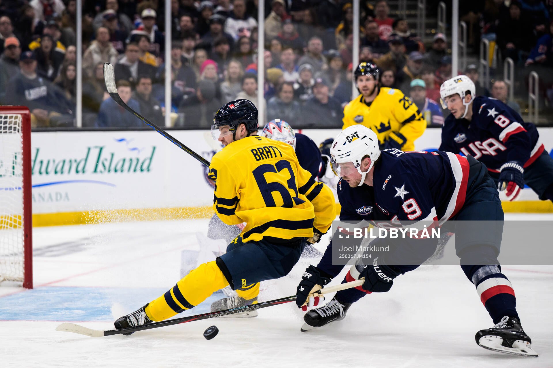Jesper Bratt of Sweden and Jack Eichel of USA