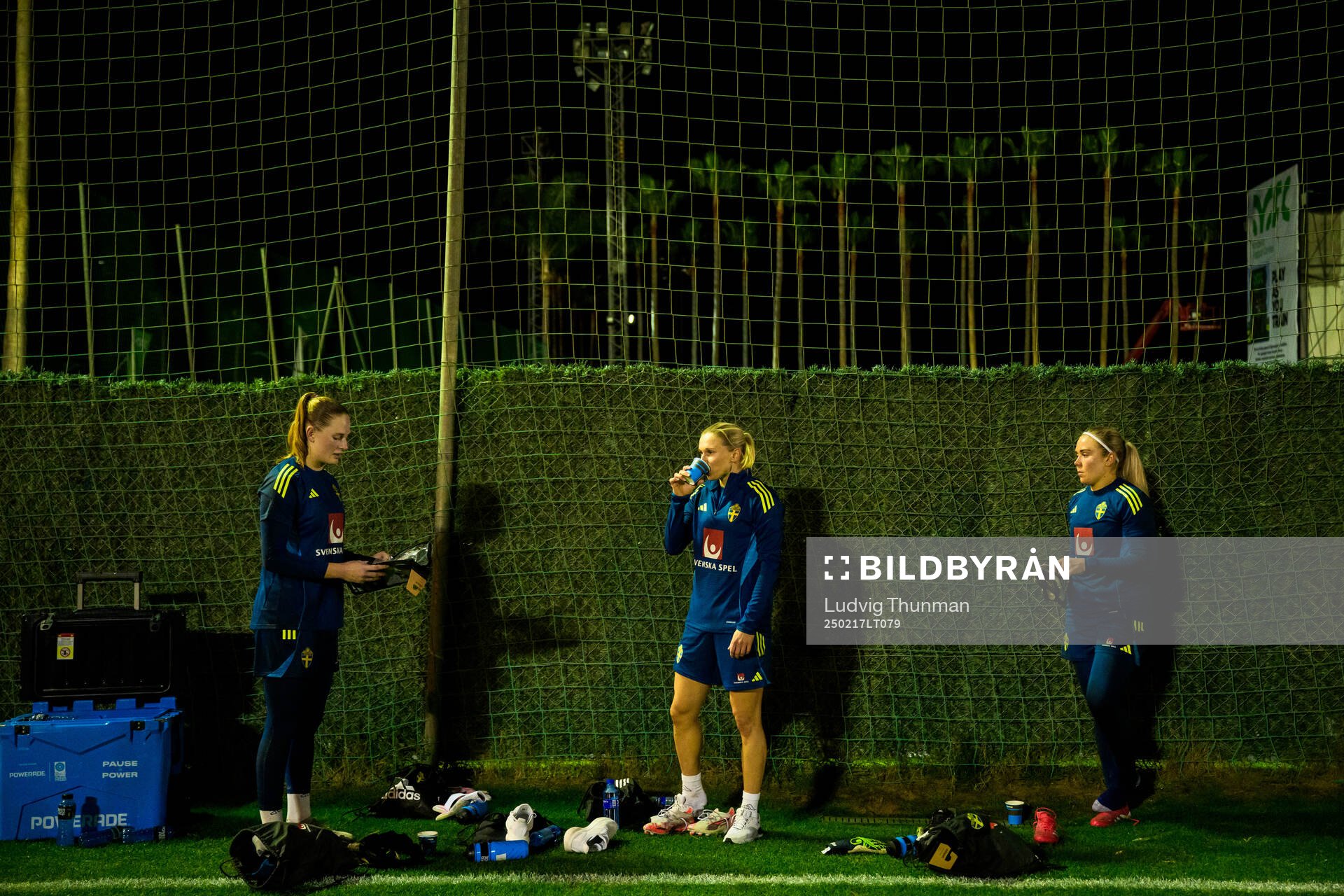 Goalkeeper Tove Enblom, Jonna Andersson and goalkeeper Sofia Hjern after a training session with the women's national football team of Sweden on February 17, 2025 in Marbella.