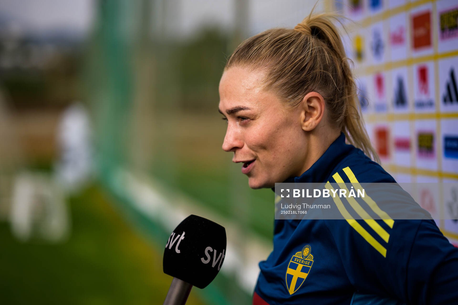 Fridolina Rolfö of the women’s national football team of Sweden is interviewed by the media after a training session on February 18, 2025 in Marbella. 