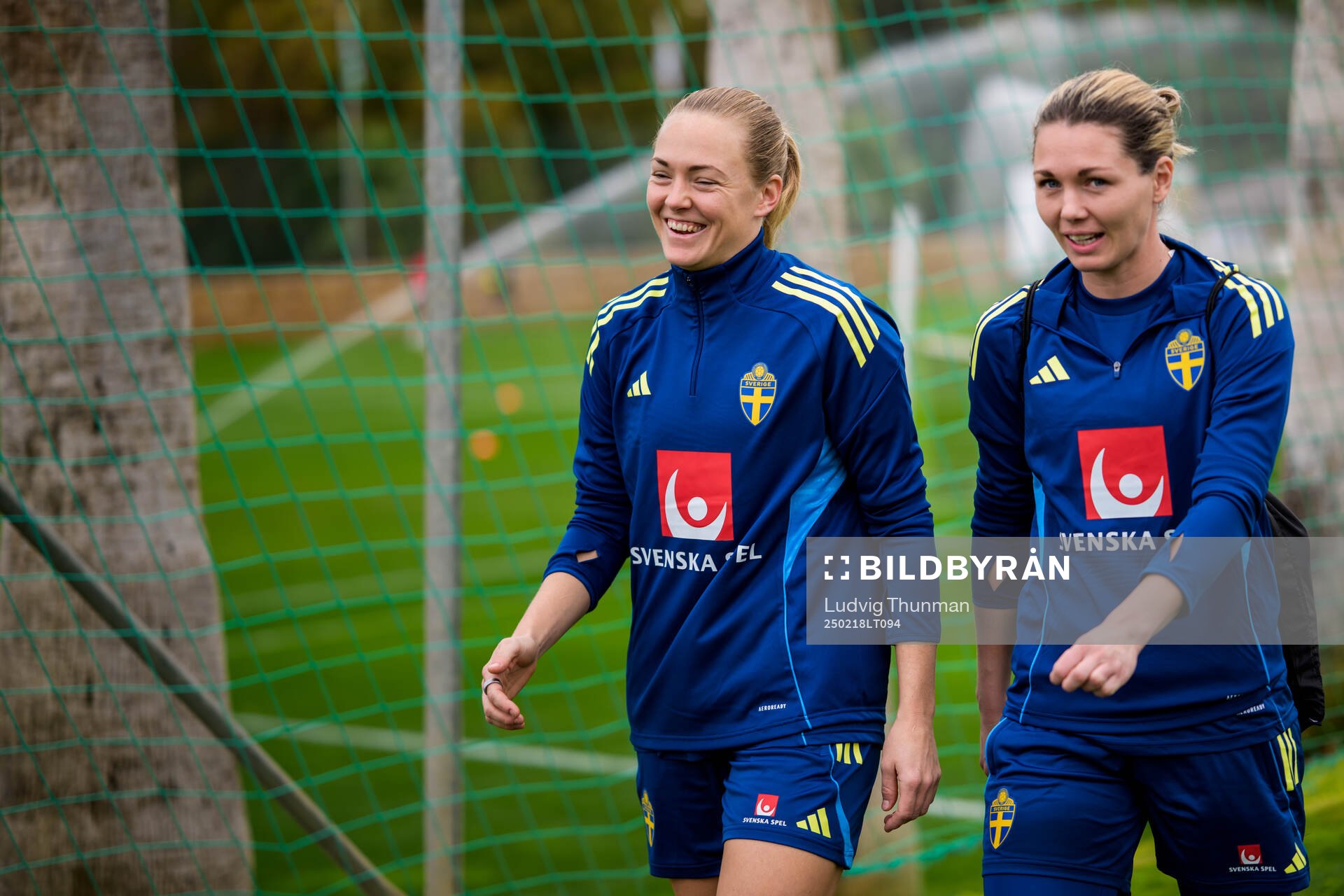 Magdalena Eriksson and goalkeeper Jennifer Falk of the
