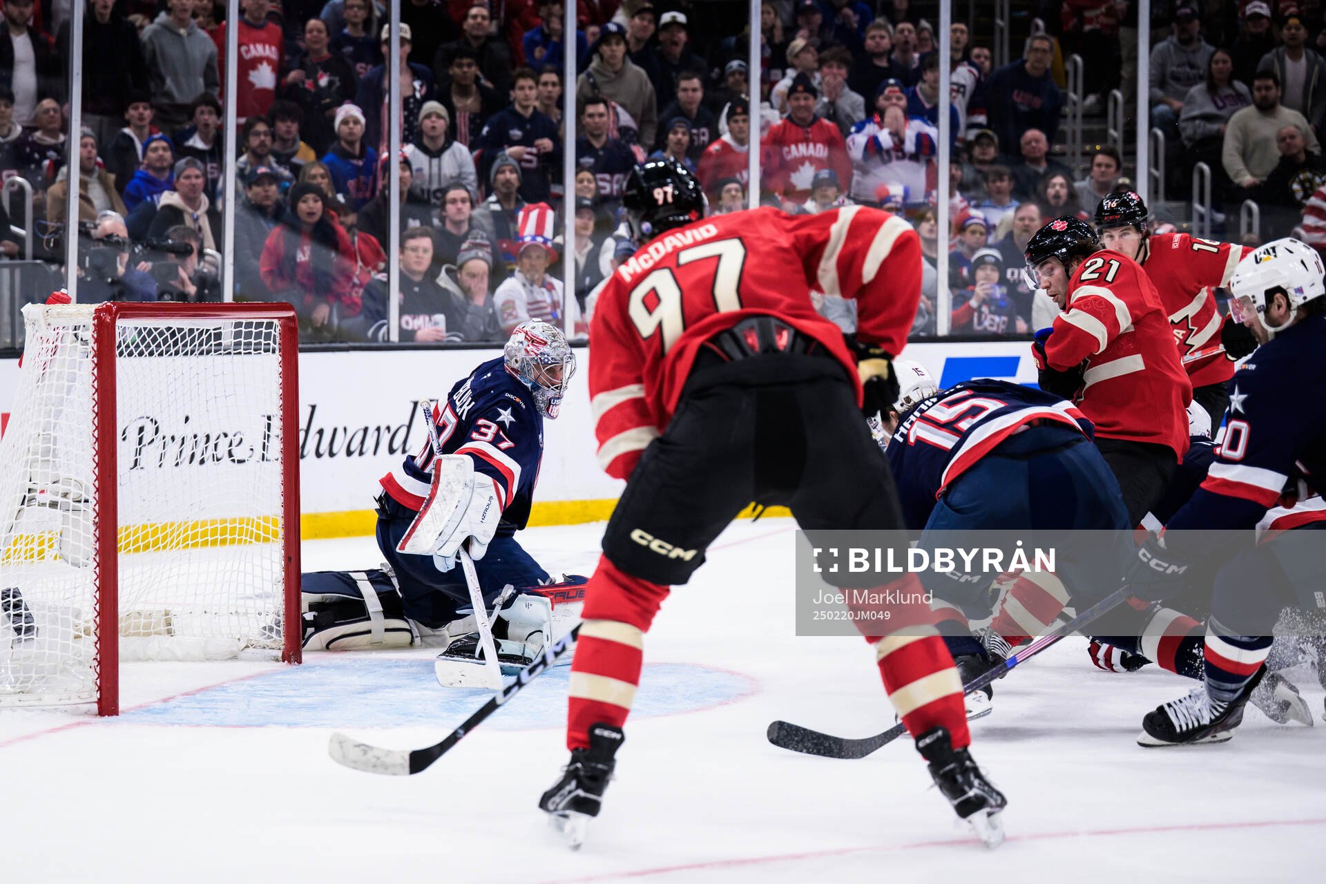 Connor McDavid, Brayden Point and Mitch Marner of Canada