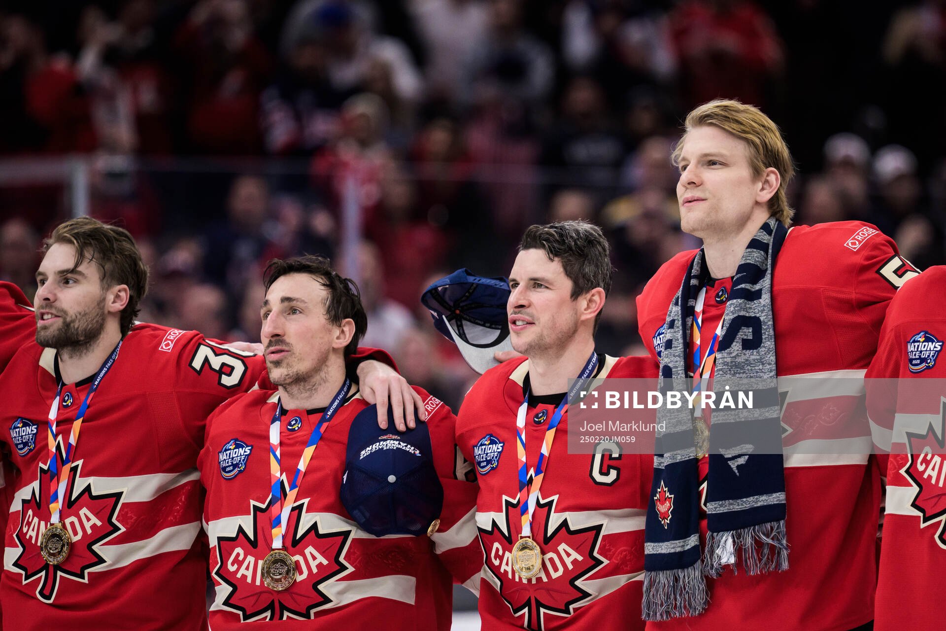 Brandon Hagel, Brad Marchand, Sidney Crosby and Colton