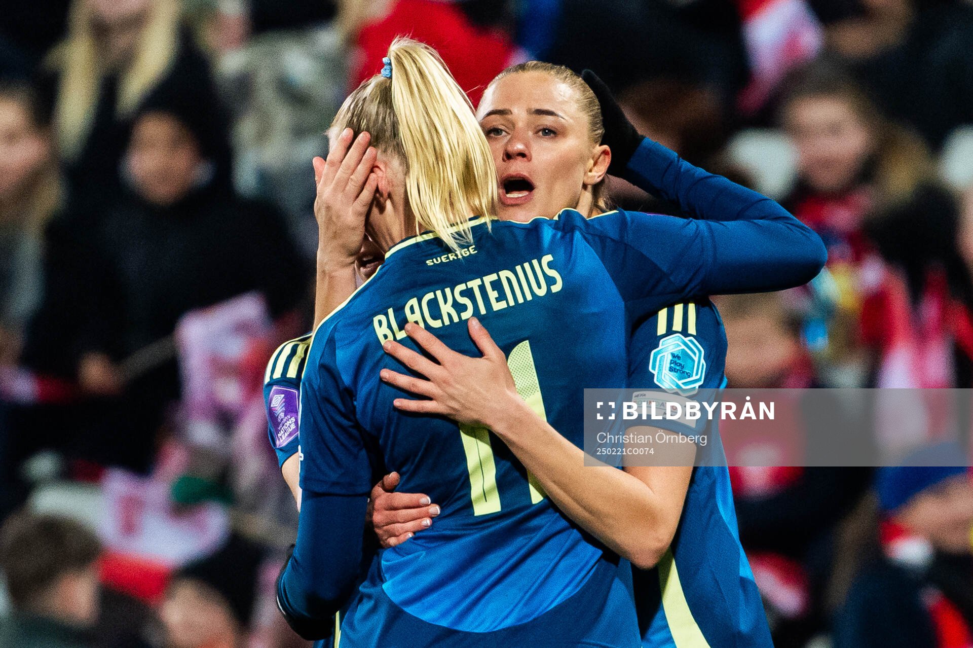 Fridolina Rolfö of Sweden celebrate with Stina Blackstenius after scoring the 2-1 goal during the UEFA Women's Nations League football match between Denmark and Sweden on February 21, 2025 in Odense.