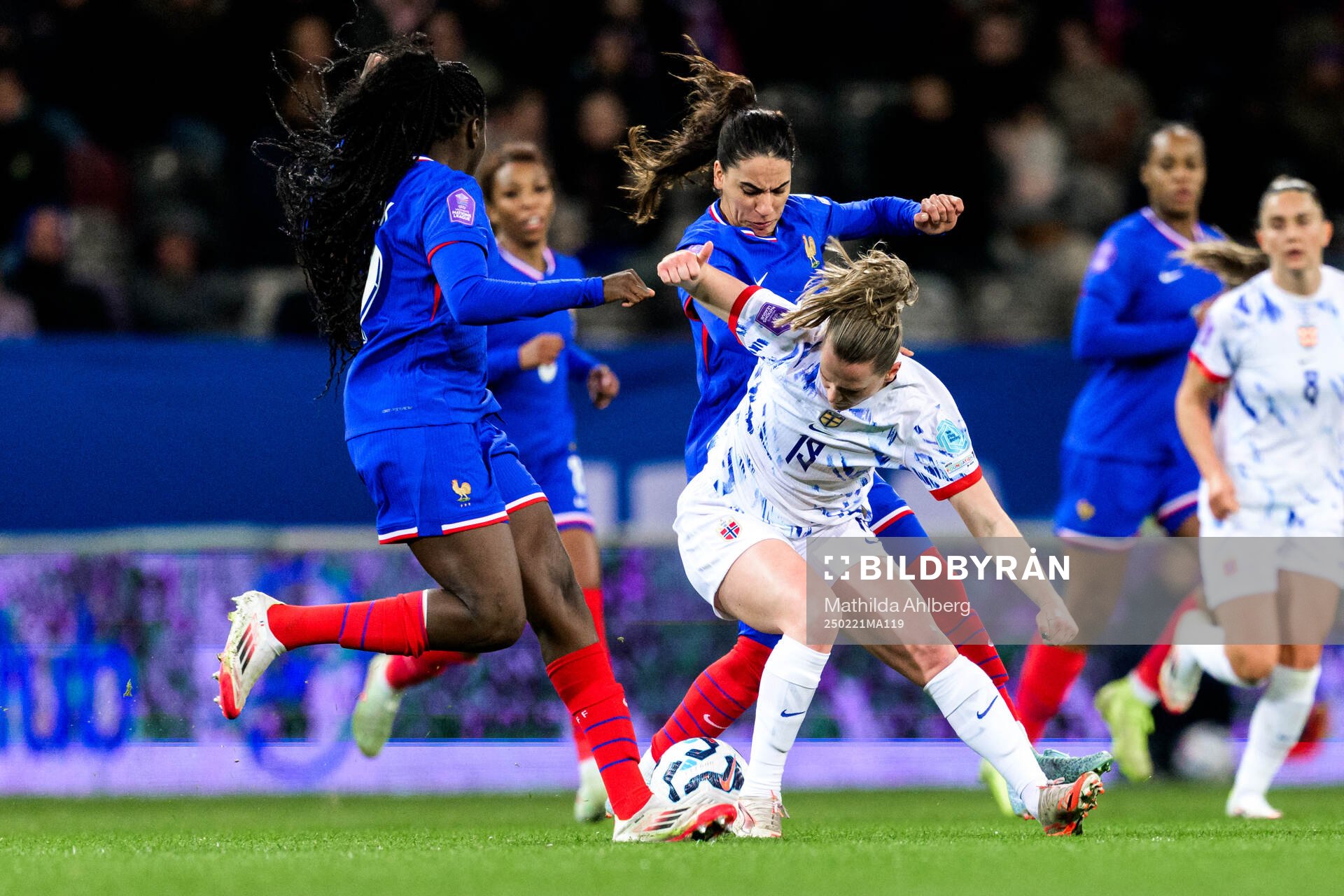 Amel Majri of France and Elisabeth Terland of Norway