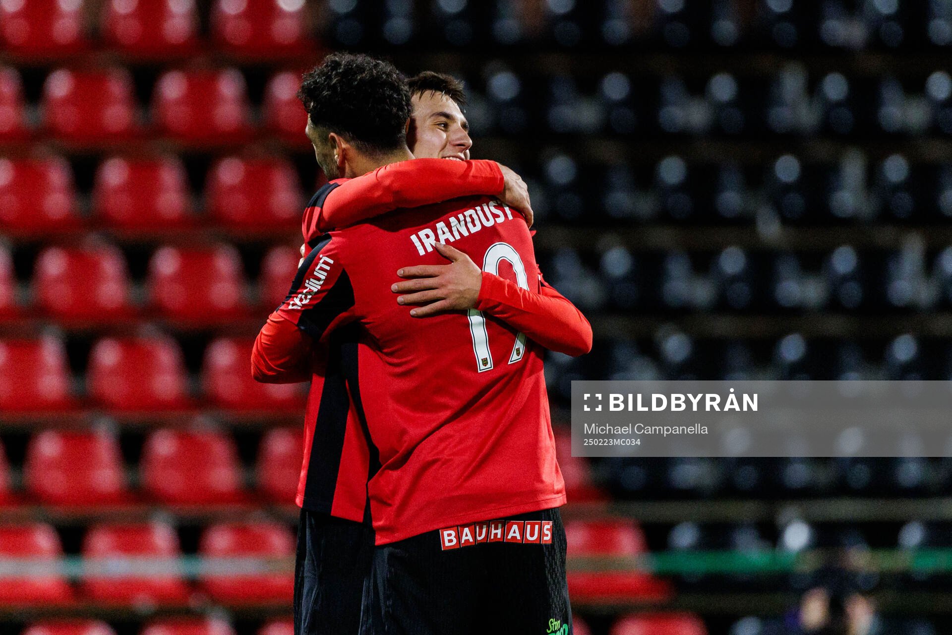 Brommapojkarnas Anton Kurochkin och Daleho Irandust jublar efter 3-0 under fotbollsmatchen i Svenska Cupen mellan Brommapojkarna och Örgryte den 23 februari 2025 i Stockholm.