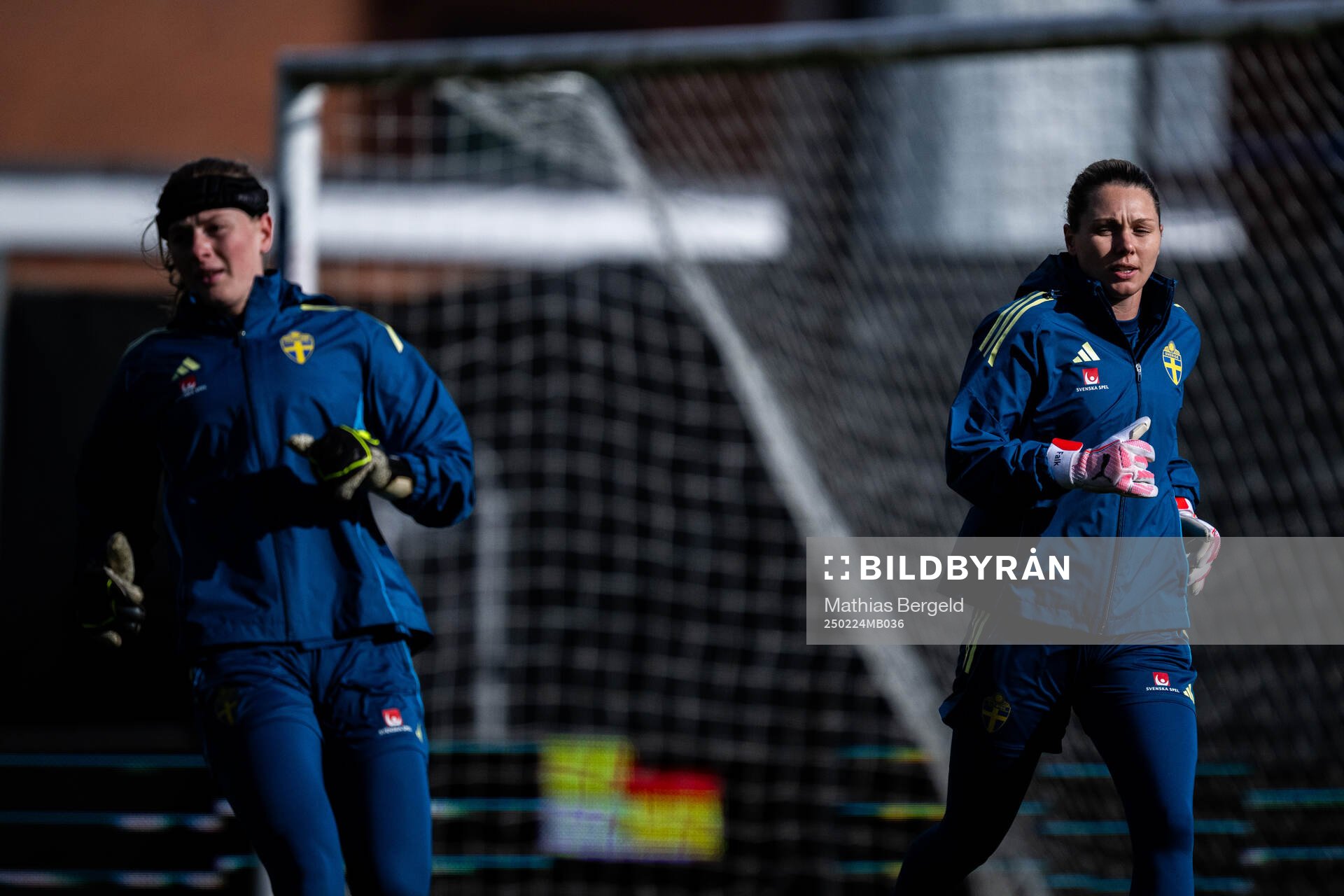 Goalkeeper Tove Enblom and goalkeeper Jennifer Falk of the