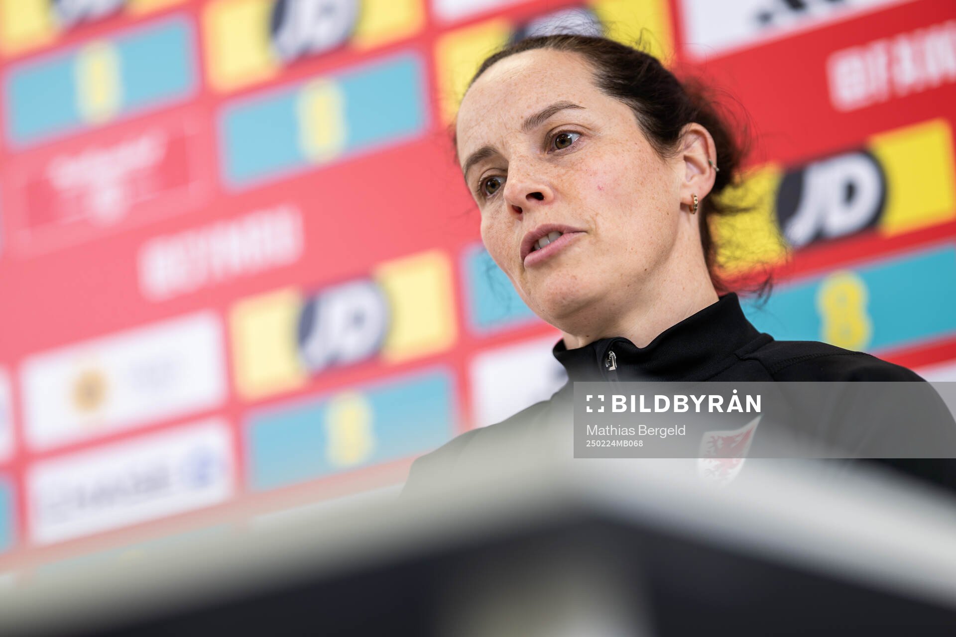 Head coach Rhian Wilkinson of the Welsh women's national football team at a press conference on February 24, 2025 in Wrexham.