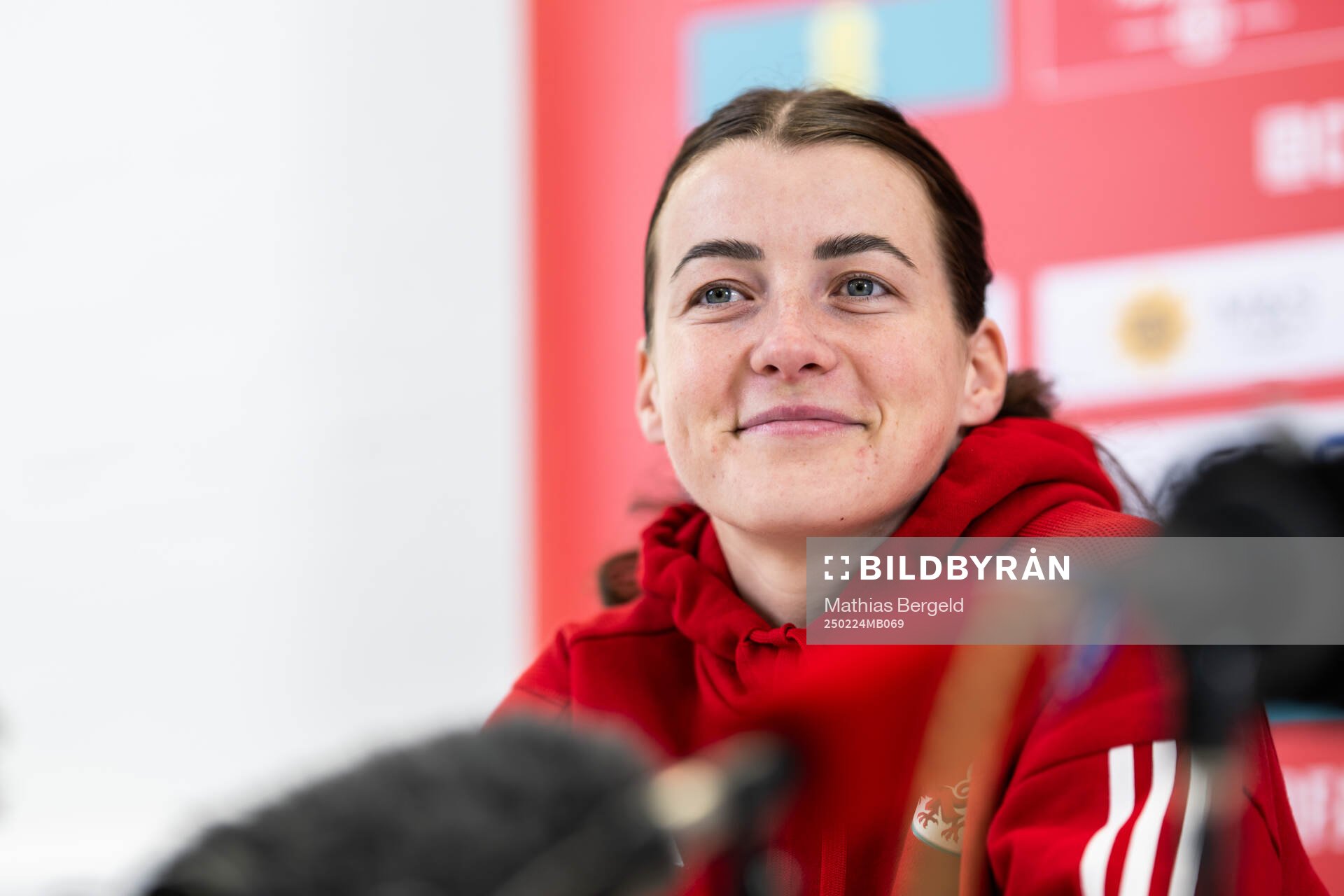 Angharad James of the Welsh women's national football team at a press conference on February 24, 2025 in Wrexham. 