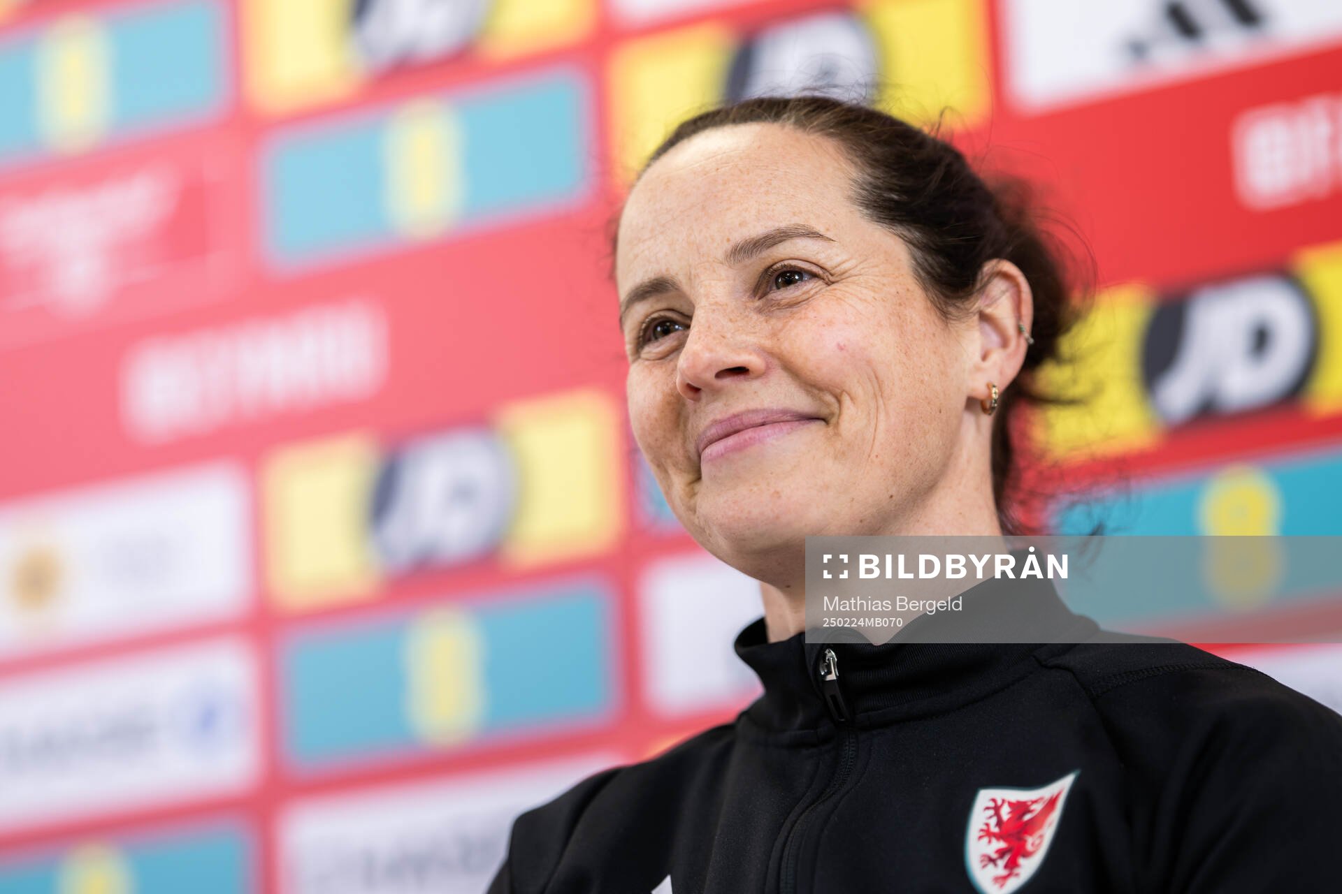 Head coach Rhian Wilkinson of the Welsh women's national football team at a press conference on February 24, 2025 in Wrexham.