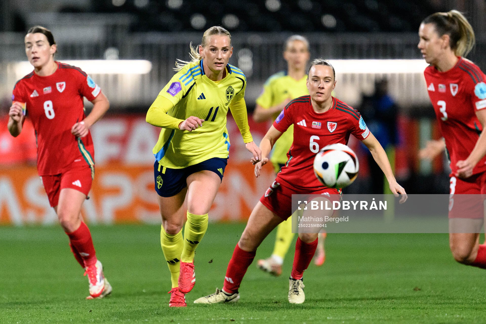 Stina Blackstenius of Sweden and Josie Green of Wales during the UEFA Women's Nations League football match between Wales and Sweden on February 25, 2025 in Wrexham.