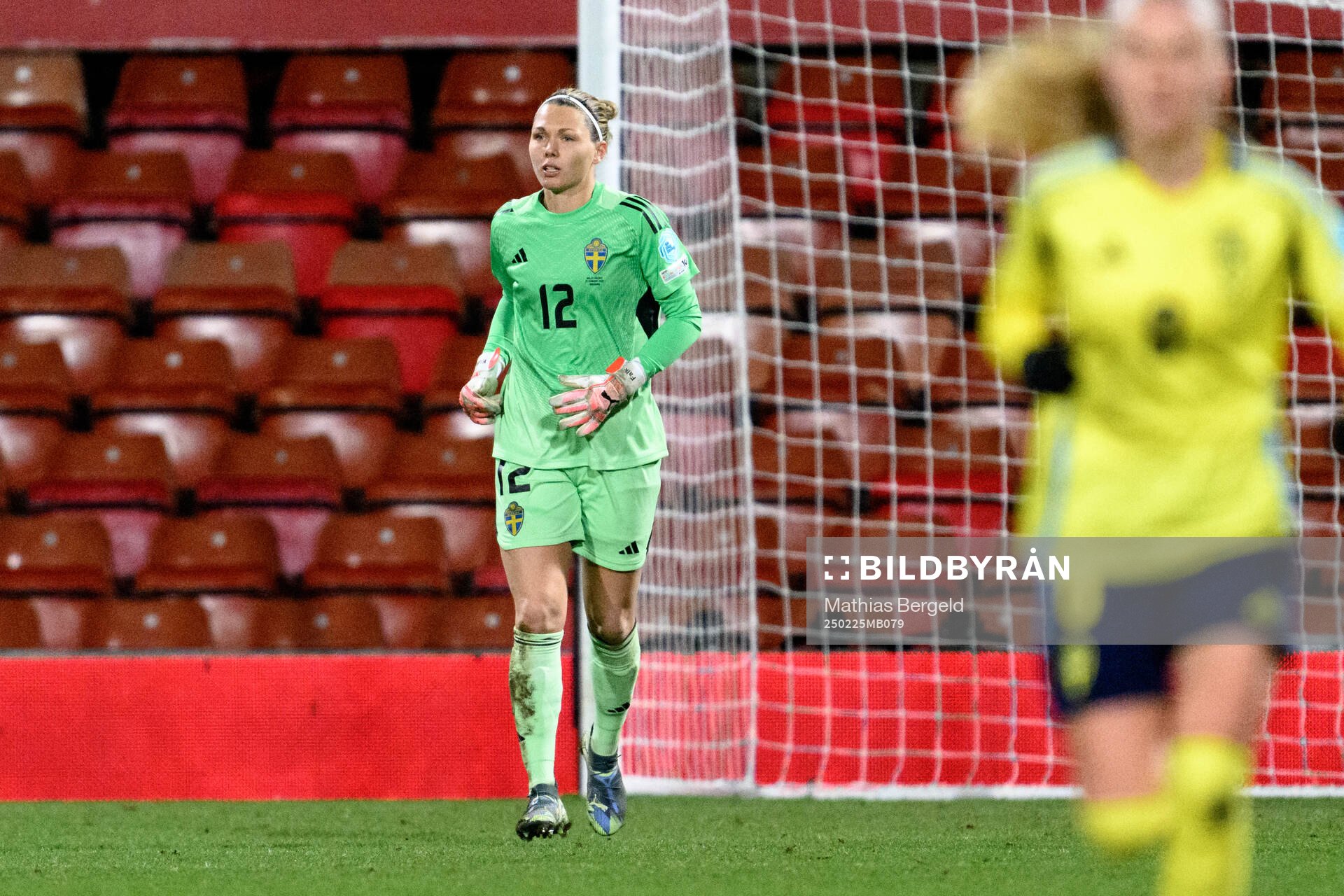 Goalkeeper Jennifer Falk of Sweden during the UEFA Women's Nations League football match between Wales and Sweden on February 25, 2025 in Wrexham.