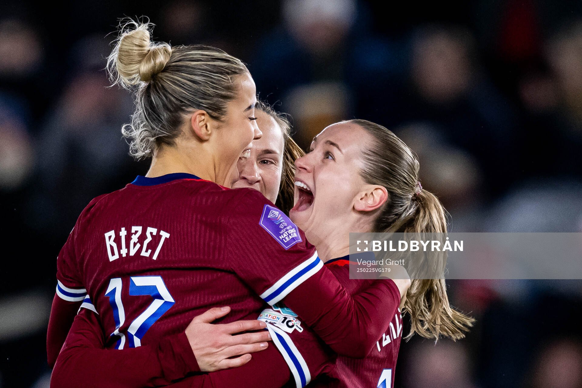 Elisabeth Terland of Norway celebrates with teammates