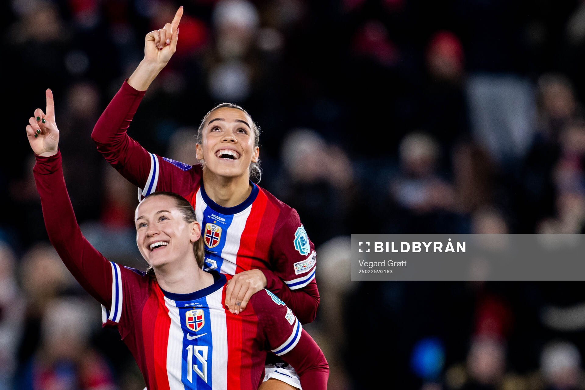 Elisabeth Terland of Norway celebrates with teammate Celin