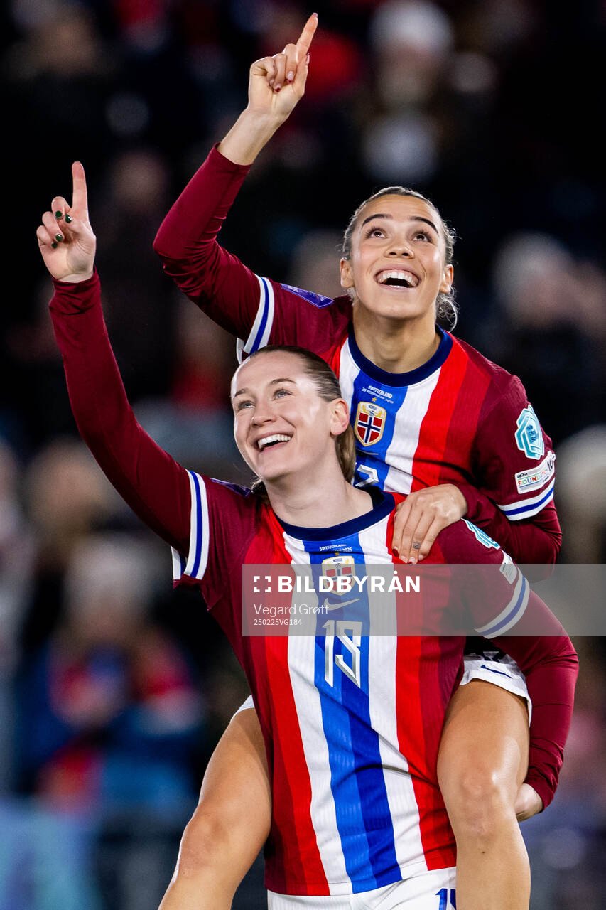 Elisabeth Terland of Norway celebrates with teammate Celin Bizet Ildhusøy after scoring 1-0 during the UEFA Women’s Nations League football match between Norway and Switzerland on February 25, 2025 in Stavanger.