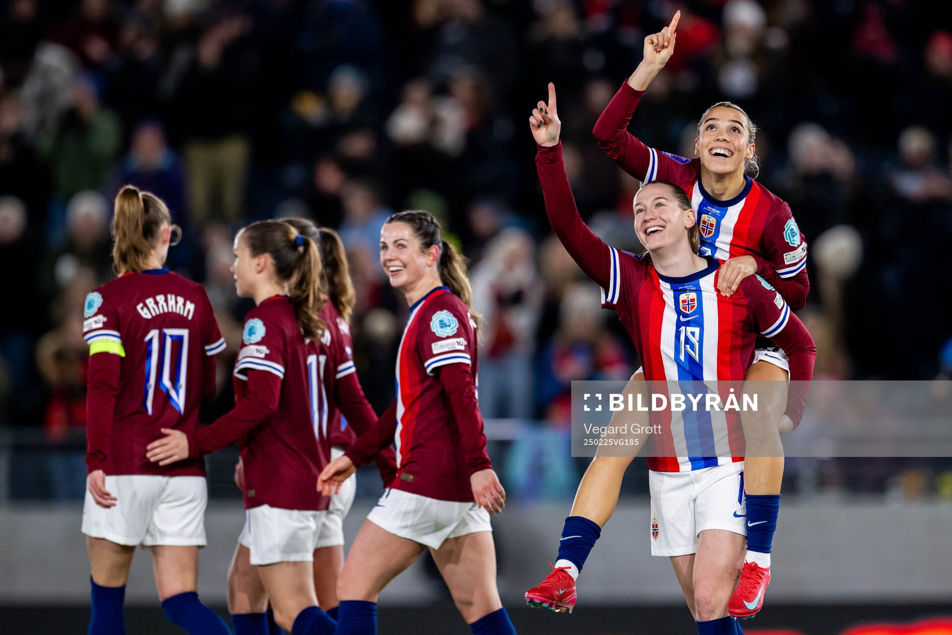 Elisabeth Terland of Norway celebrates with teammate Celin Bizet Ildhusøy after scoring 1-0 during the UEFA Women’s Nations League football match between Norway and Switzerland on February 25, 2025 in Stavanger.