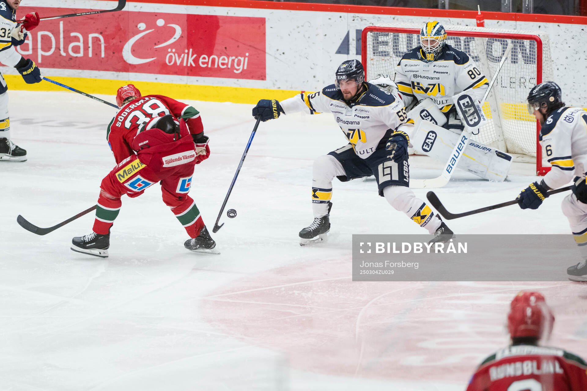 HV71s Mikael Seppälä och målvakt Frederik Dichow och