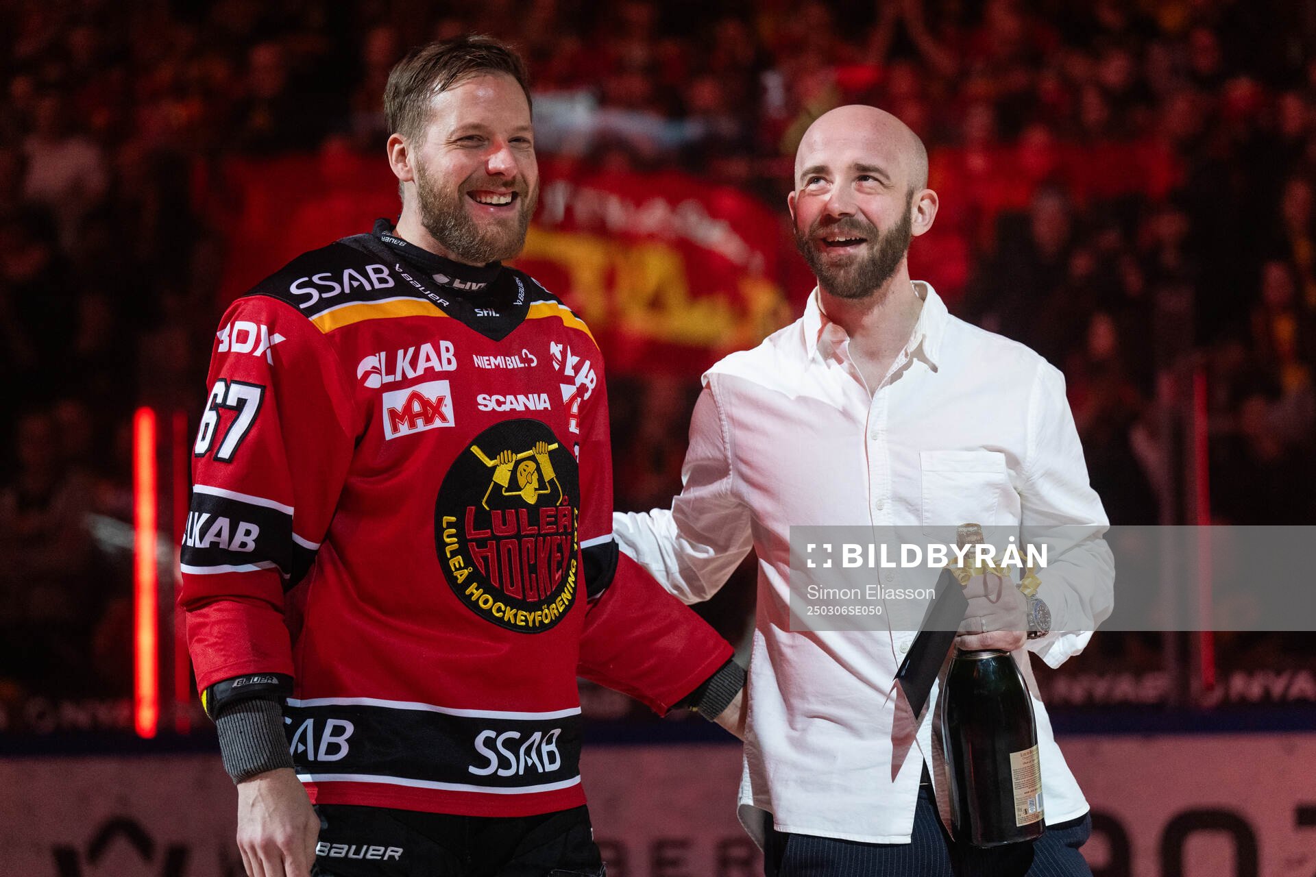 Luleås Linus Omark och Luleås förre målvakt David Rautio