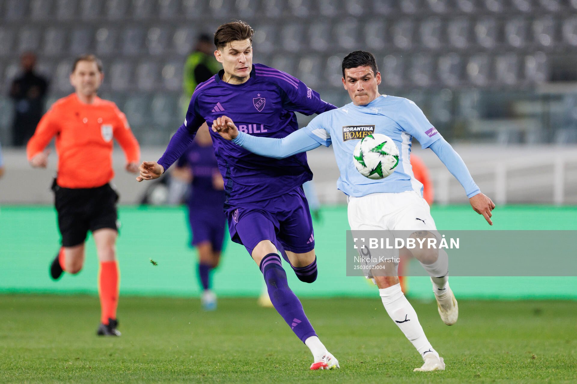 Nino Žugelj of Djurgården and Jonathan Silva of Pafos during the Conference League football match between Pafos and Djurgården on March 6, 2025 in Limassol.