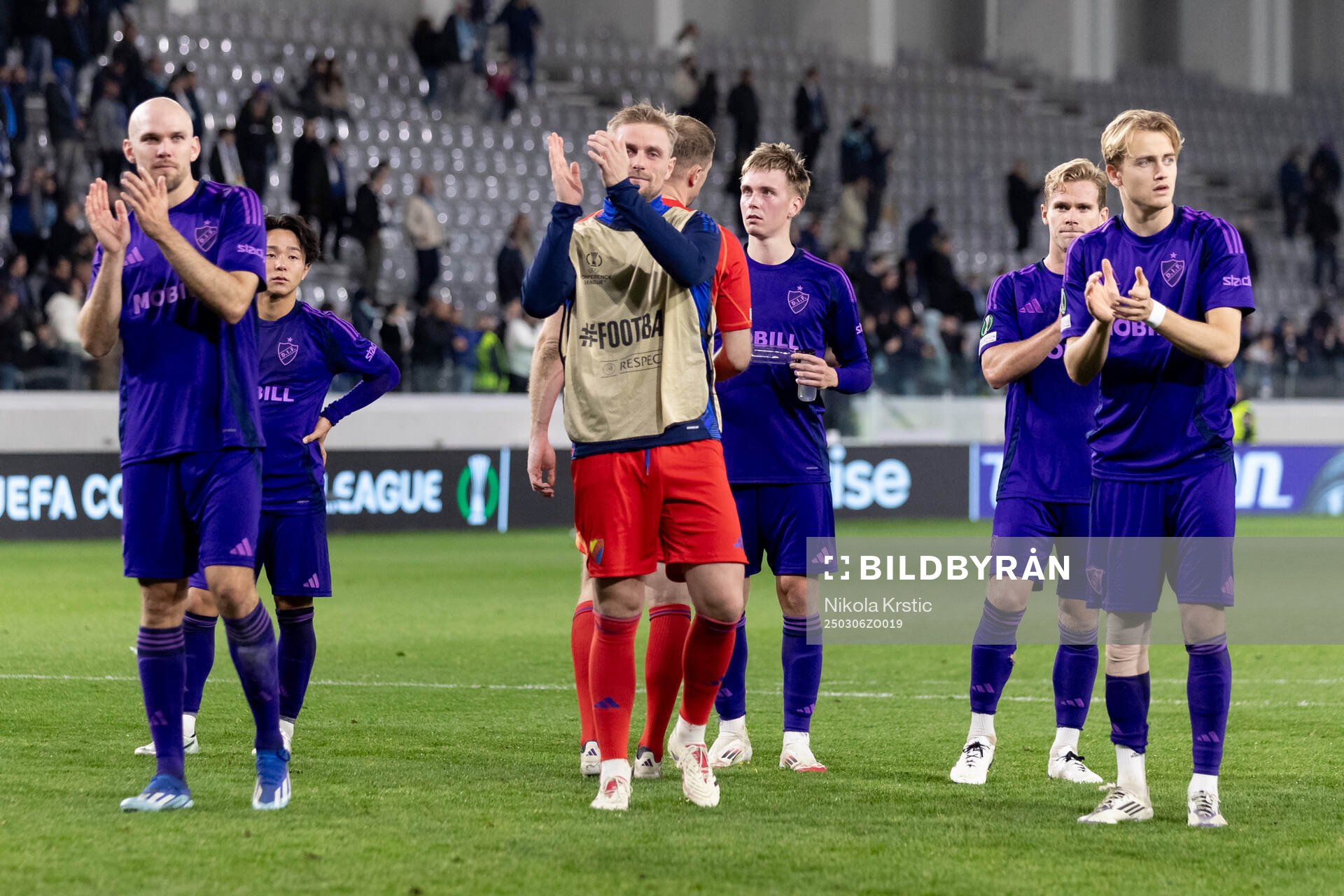 Marcus Danielson, goalkeeper Jacob Rinne, Santeri Haarala, Hampus Finndell and Oskar Fallenius of Djurgården after the Conference League football match between Pafos and Djurgården on March 6, 2025 in Limassol.