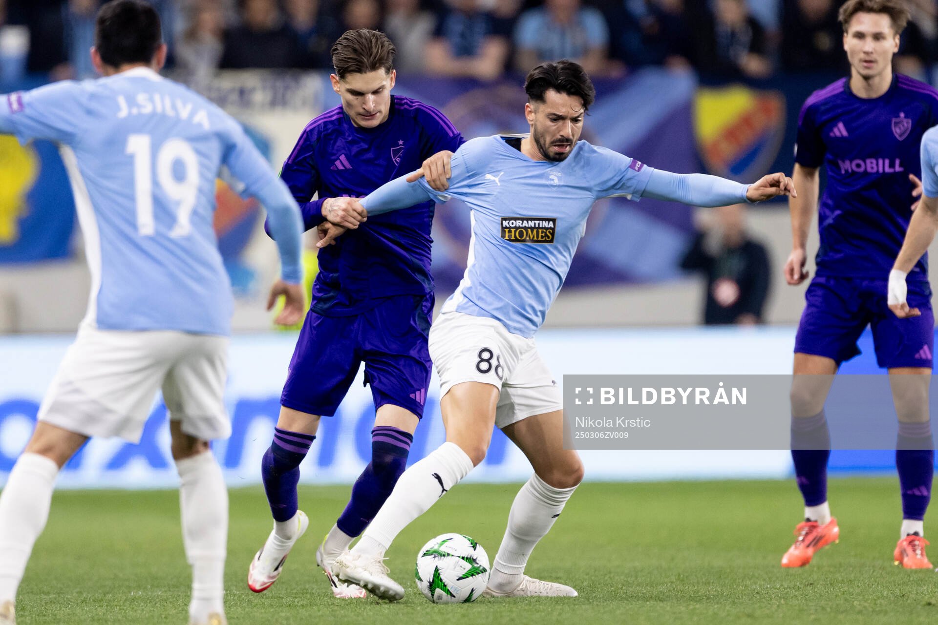 Nino Žugelj of Djurgården and Pepe of Pafos during the Conference League football match between Pafos and Djurgården on March 6, 2025 in Limassol.