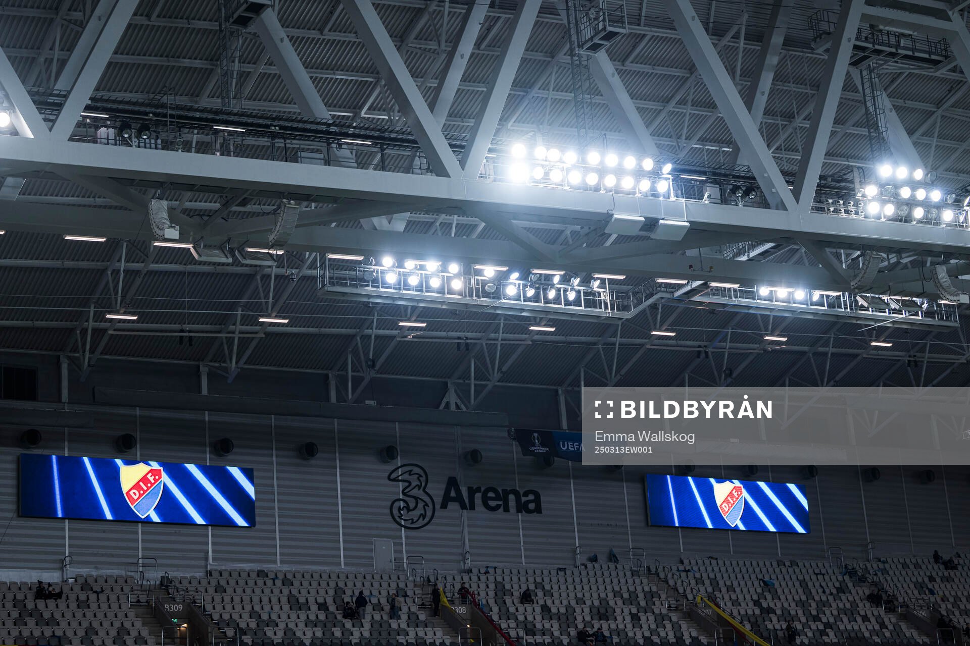 Interior view of 3Arena ahead of the UEFA Conference League football match between Djurgården and Pafos on March 13, 2025 in Stockholm.