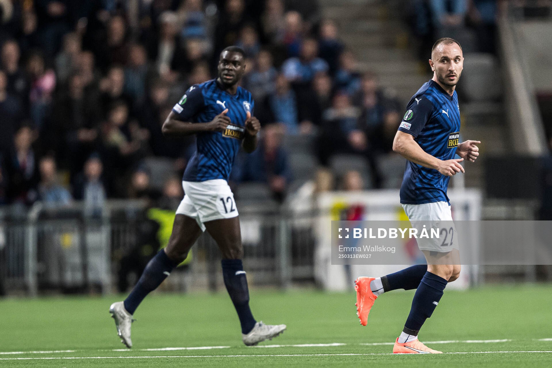 Ken Sema and Muamer Tankovic of Pafos during the UEFA Conference League football match between Djurgården and Pafos on March 13, 2025 in Stockholm.