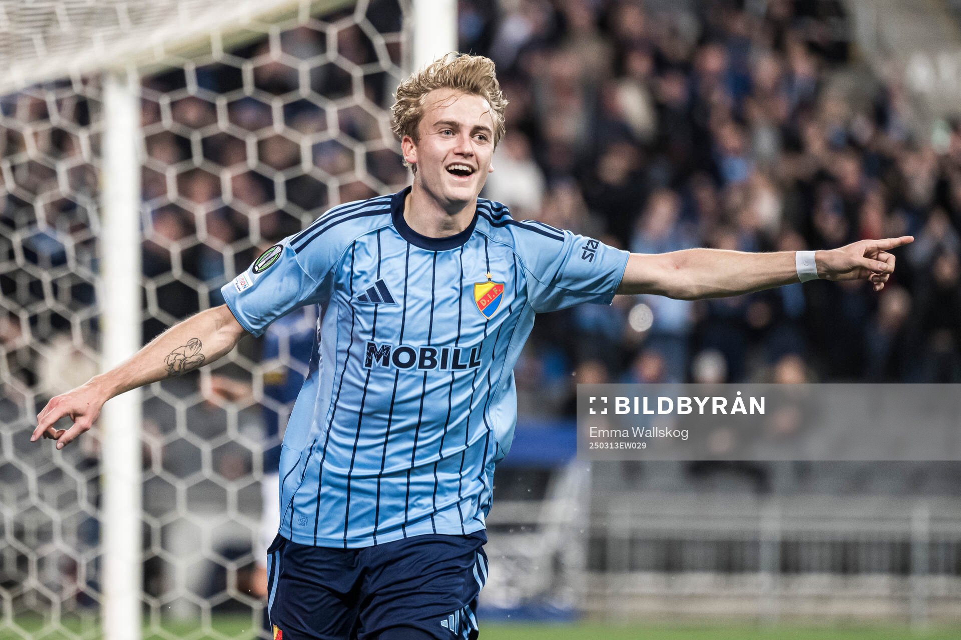 Oskar Fallenius of Djurgården celebrates after 1-0 during the UEFA Conference League football match between Djurgården and Pafos on March 13, 2025 in Stockholm.
