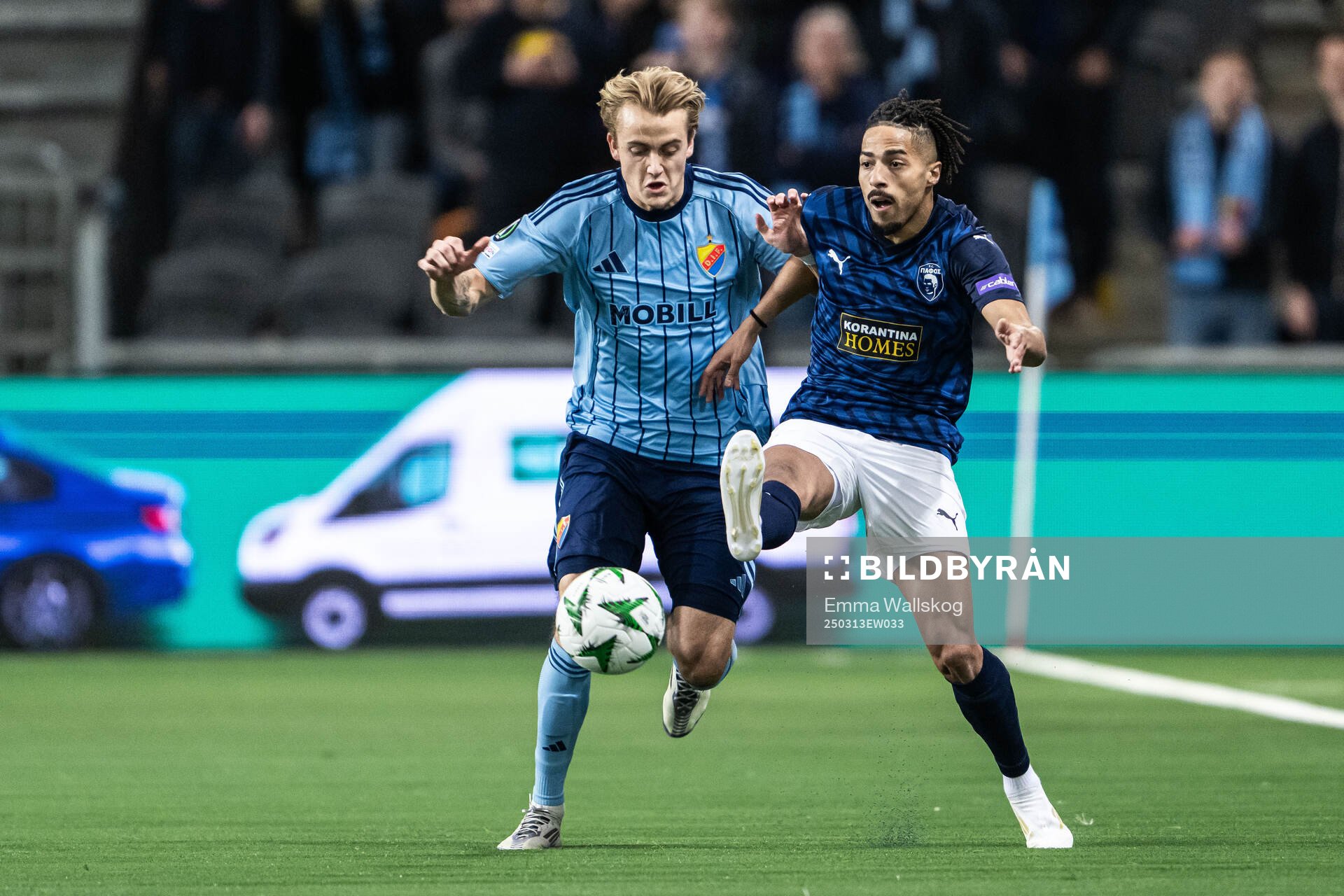Oskar Fallenius of Djurgården and Joao Correia of Pafos during the UEFA Conference League football match between Djurgården and Pafos on March 13, 2025 in Stockholm.