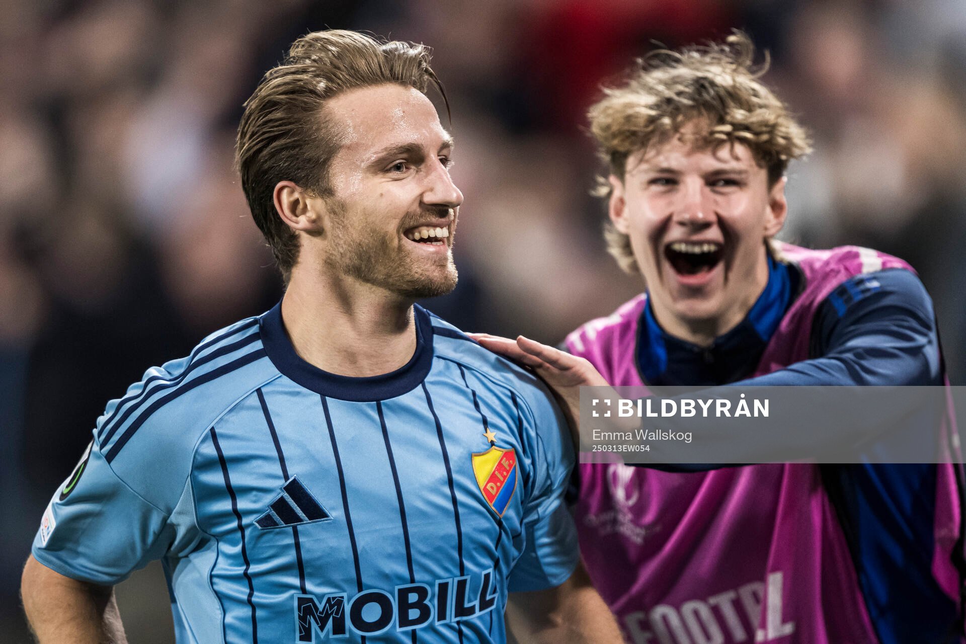 Daniel Stensson of Djurgården celebrates after 2-0 during the UEFA Conference League football match between Djurgården and Pafos on March 13, 2025 in Stockholm.