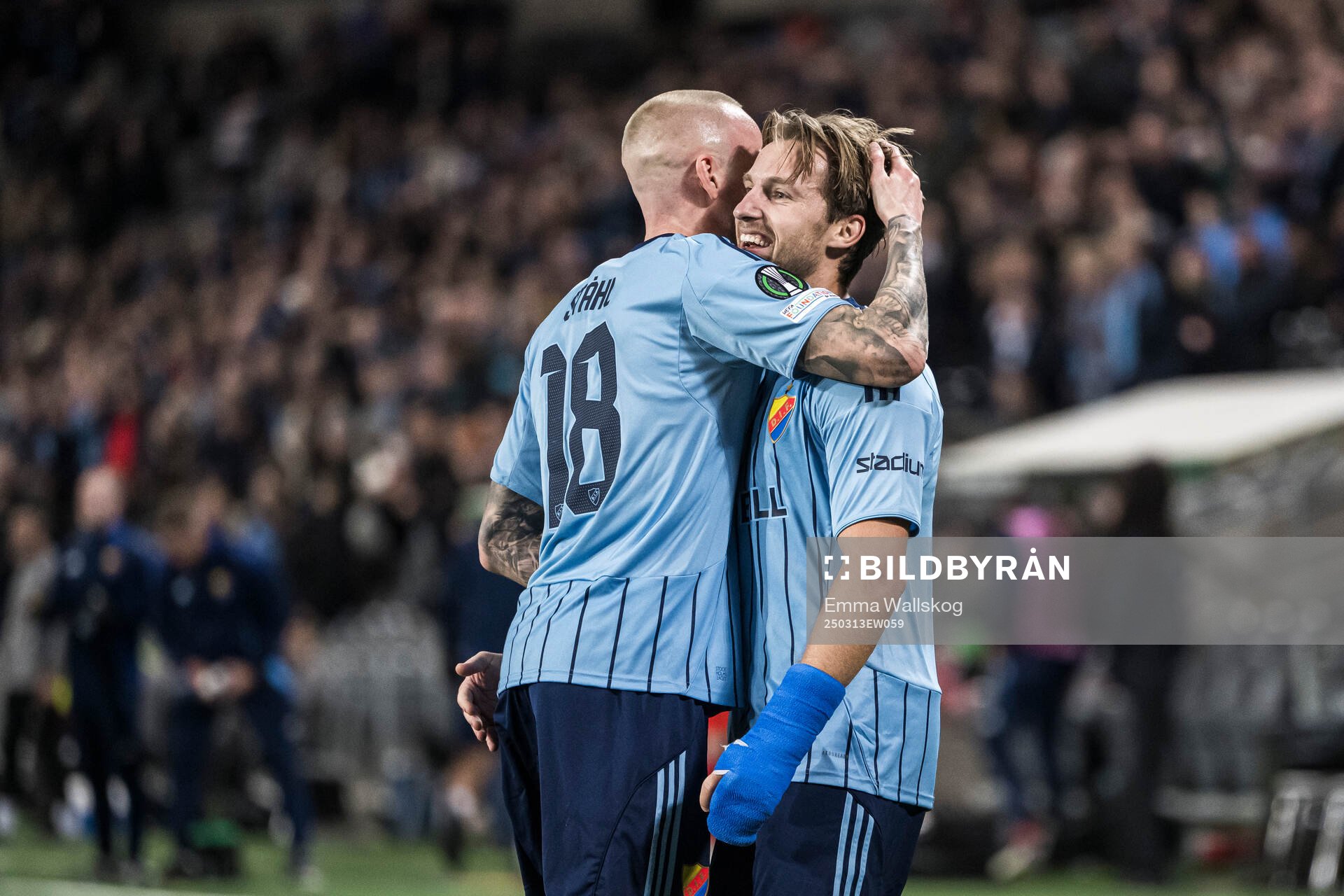 Adam Ståhl and Daniel Stensson of Djurgården celebrate efter 2-0 during the UEFA Conference League football match between Djurgården and Pafos on March 13, 2025 in Stockholm.