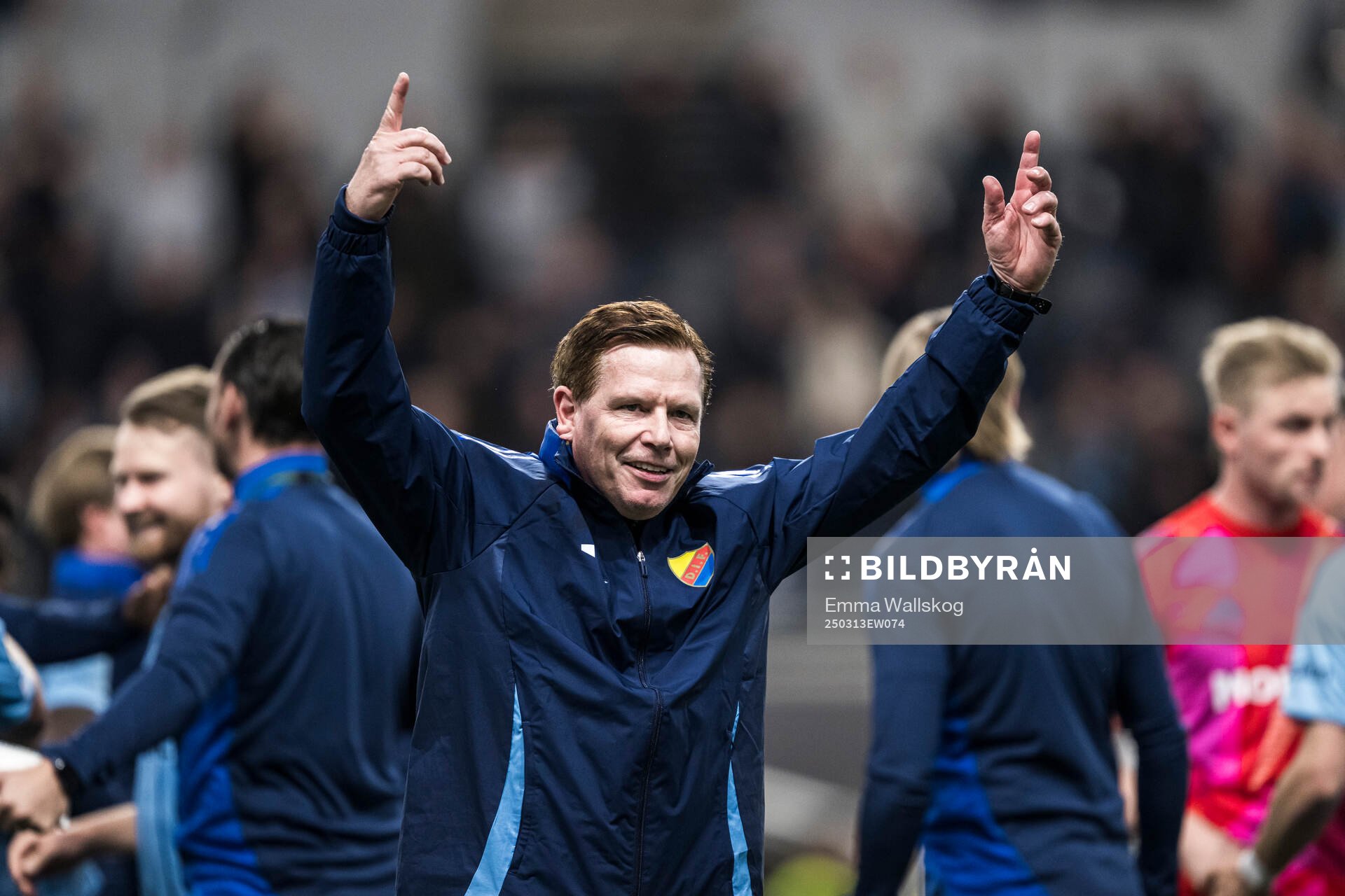 Assistant coach Christer Mattiasson celebrates after the UEFA Conference League football match between Djurgården and Pafos on March 13, 2025 in Stockholm.