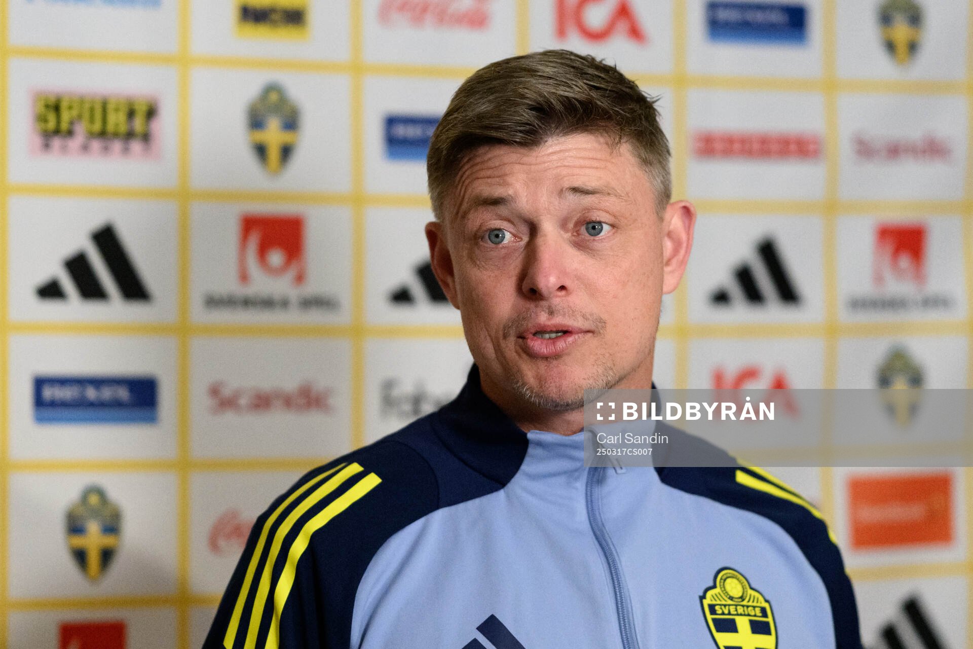 Head coach Jon Dahl Tomasson of the Swedish men's national football team at a press event on March 17, 2025 in Marbella. 