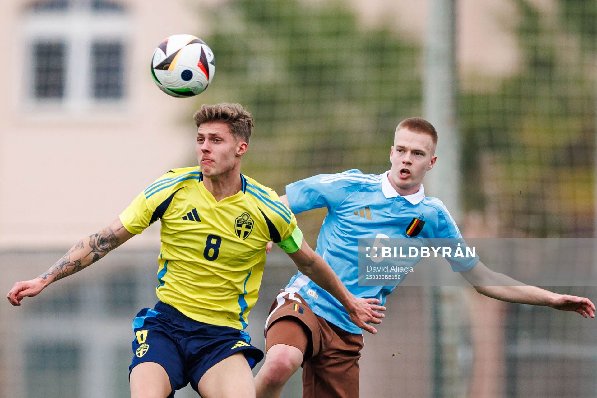 Lukas Björklund of Sweden and Arthur Vermeeren of Belgium during the international friendly under-21 football match between Belgium and Sweden on March 20, 2025 in Pinatar.