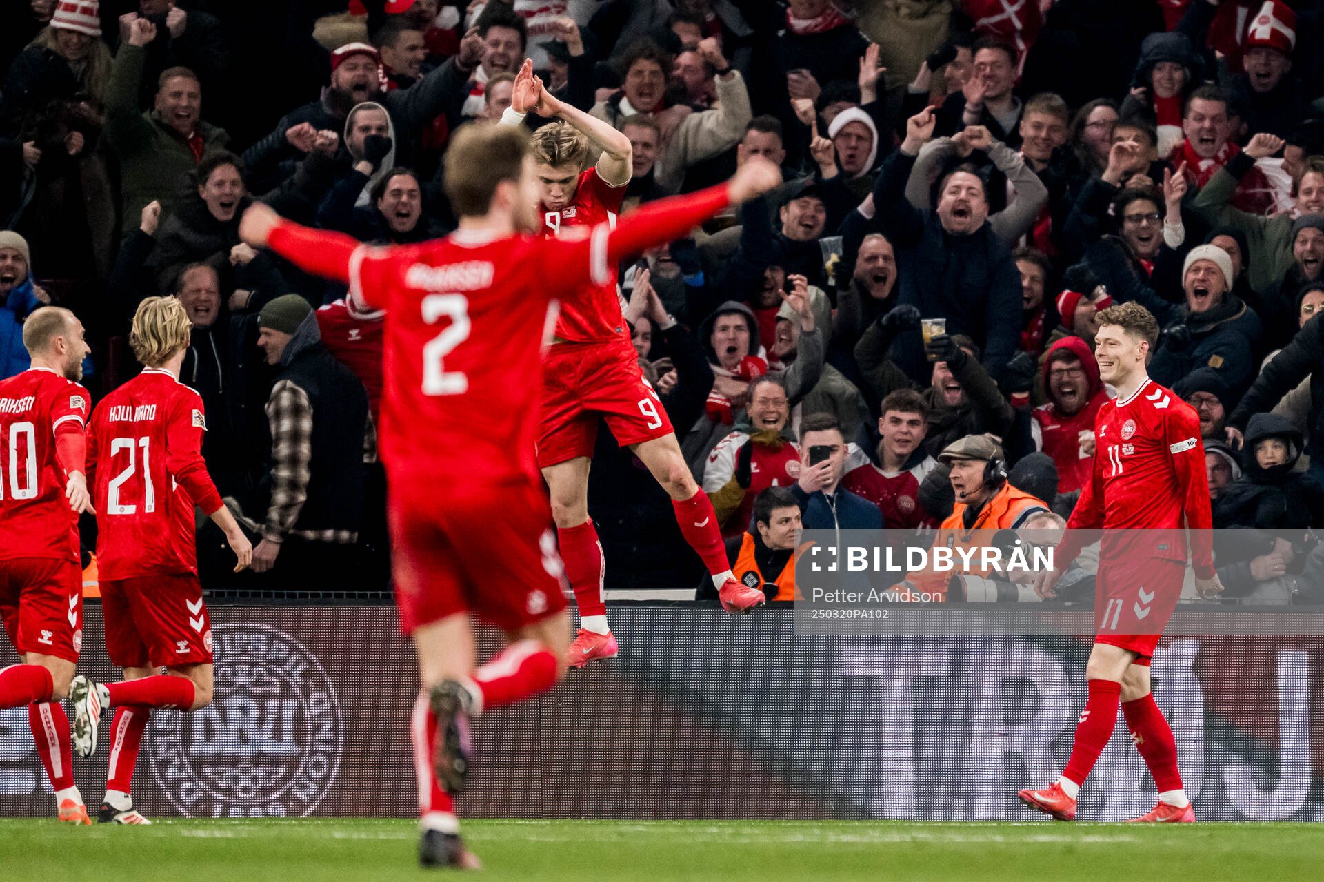 Rasmus Højlund of Denmark celebrates