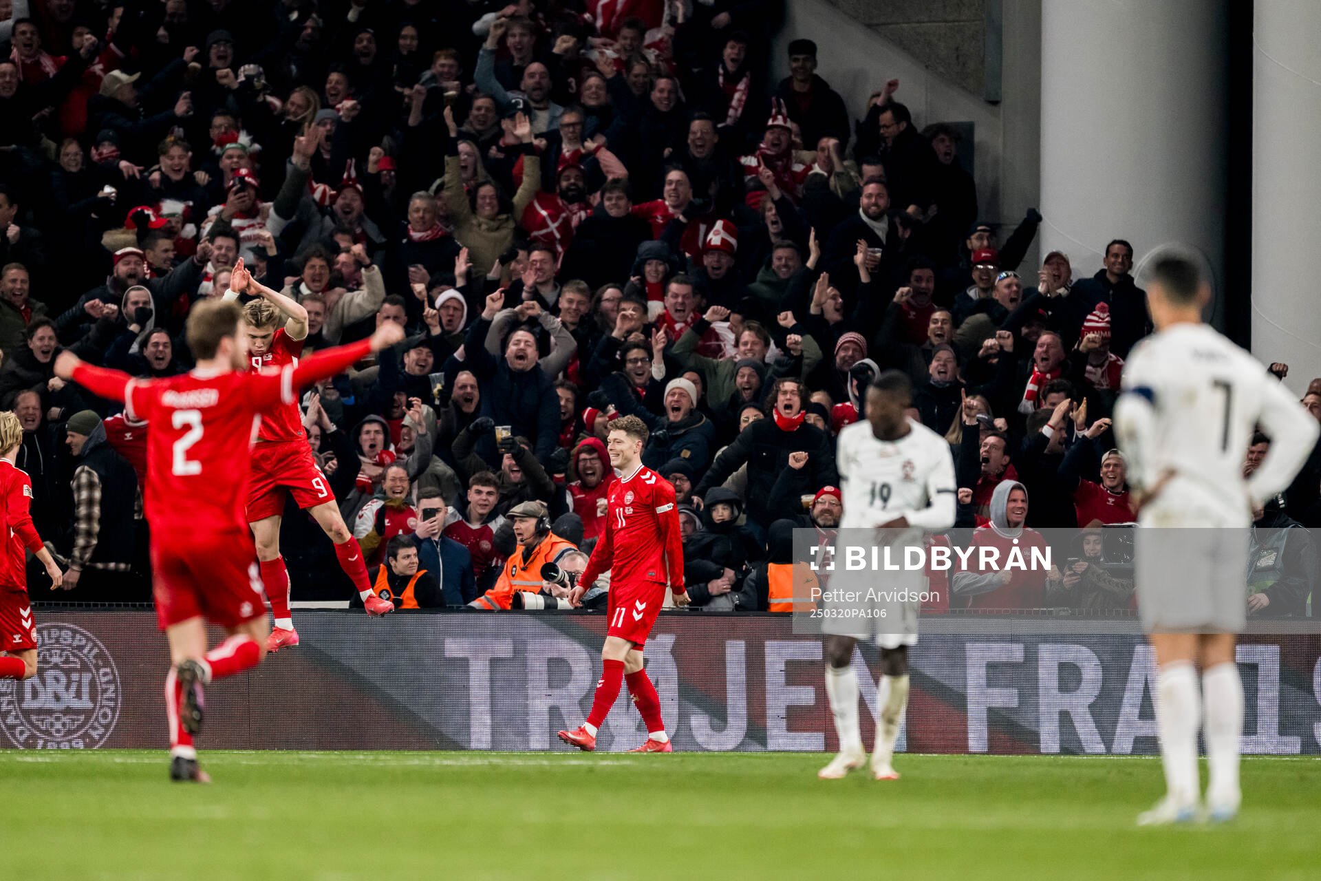 Rasmus Højlund of Denmark celebrates after 1-0 during the Nations League football match between Denmark and Portugal on March 20, 2025 in Copenhagen.