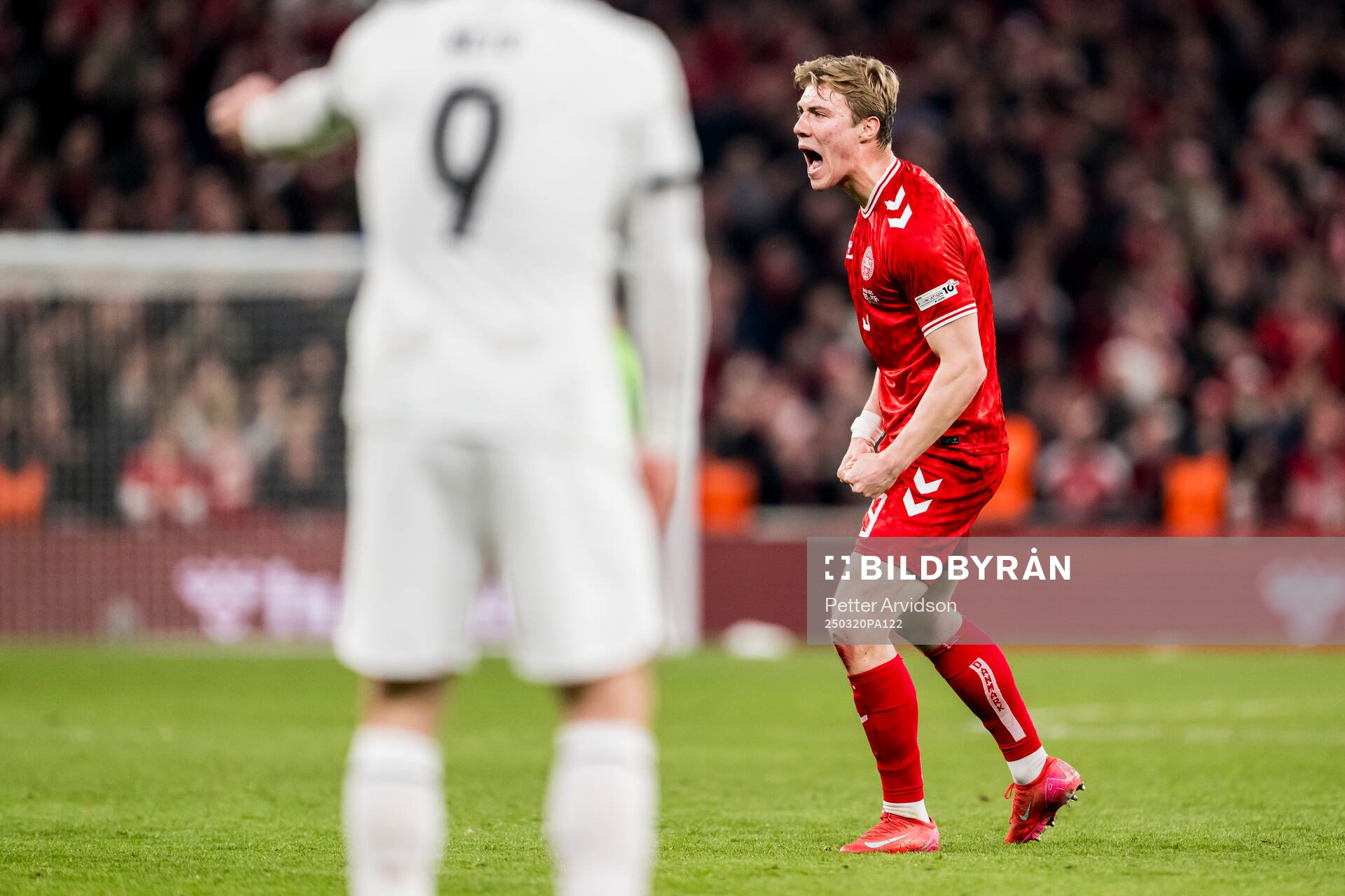 Rasmus Højlund of Denmark celebrates after the Nations League football match between Denmark and Portugal on March 20, 2025 in Copenhagen.