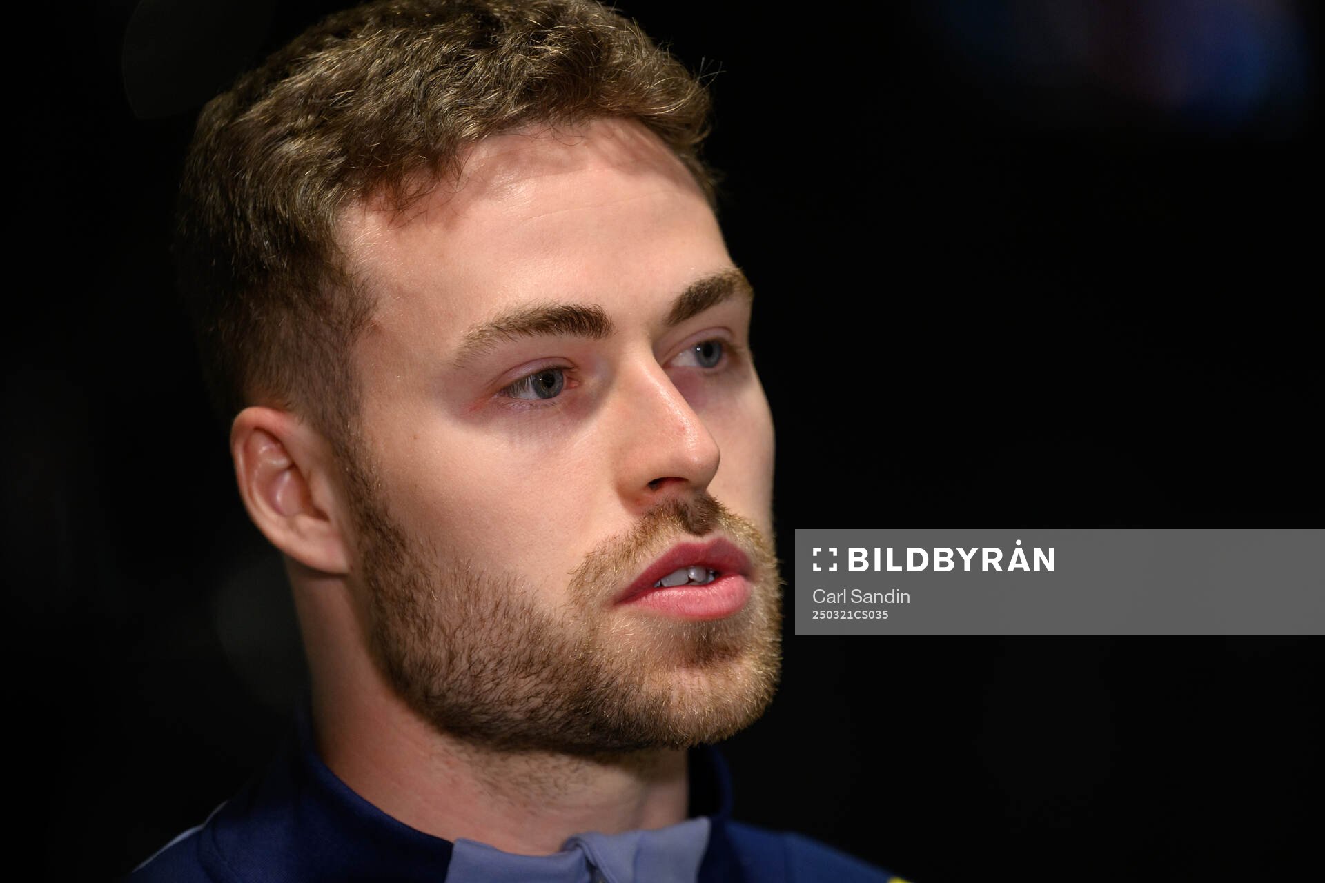 Gabriel Gudmundsson of the Swedish men's national football team during a press conference on March 21, 2025 in Luxembourg. 