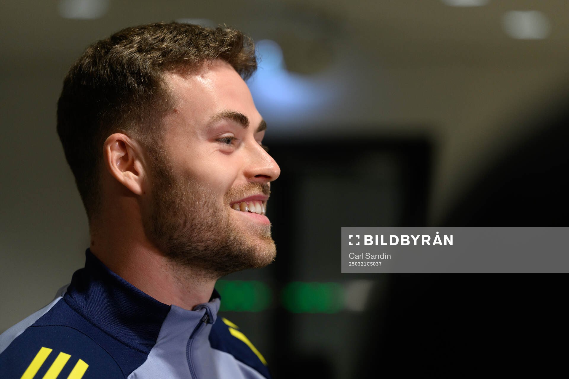 Gabriel Gudmundsson of the Swedish men's national football team during a press conference on March 21, 2025 in Luxembourg. 