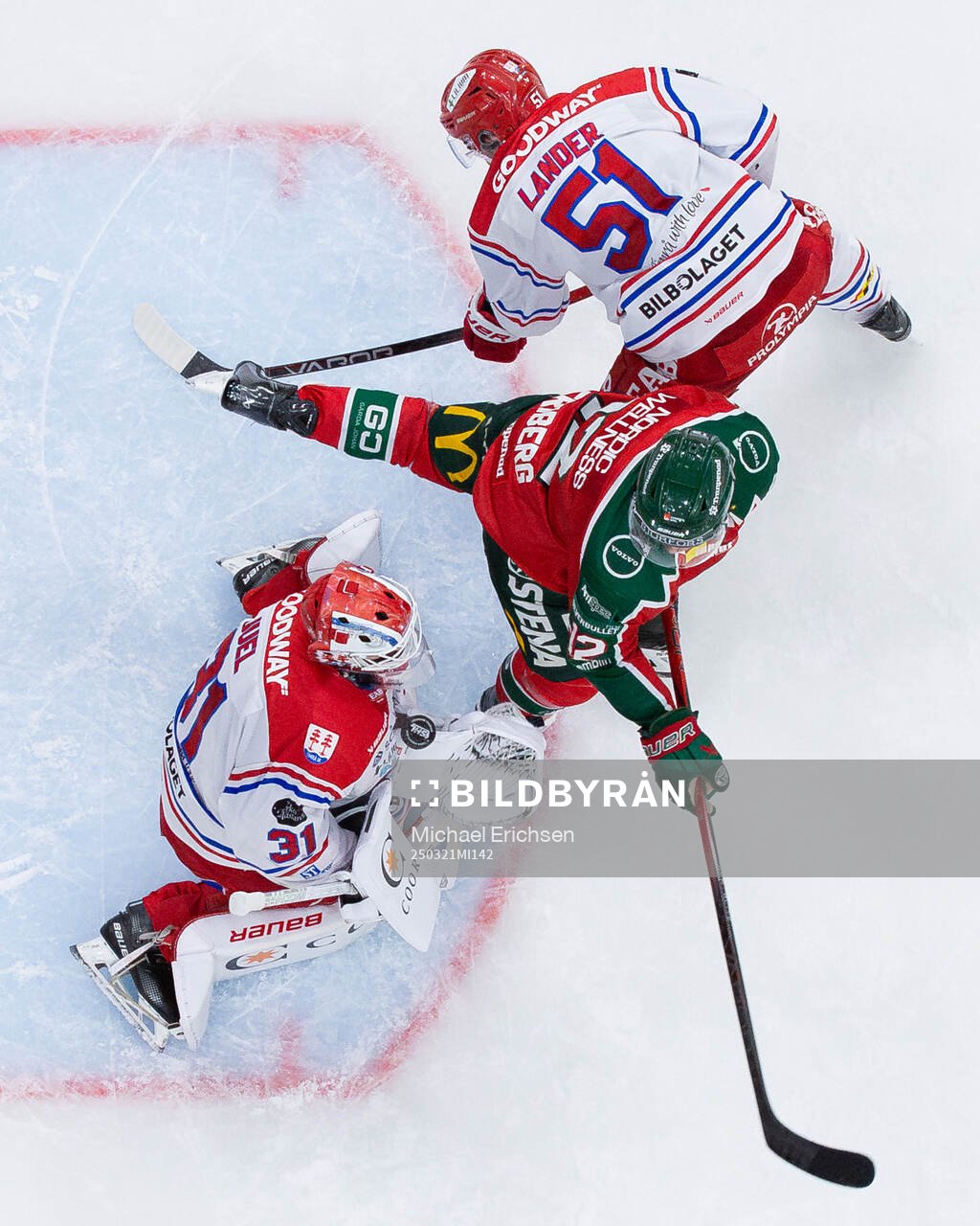 Timrås Anton Lander och målvakt Tim Juel mot Frölundas
