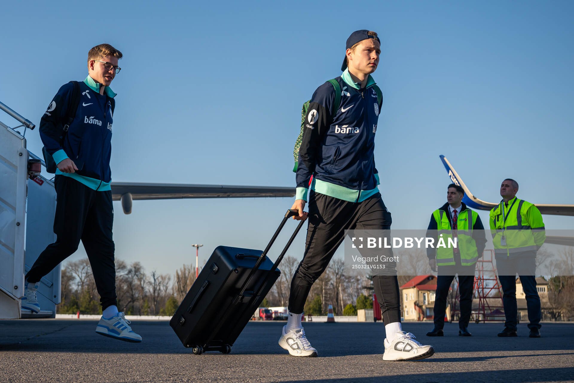 Jens Petter Hauge and Andreas Schjelderup of the Norwegian national football team arrive at Chisinau International Airport on March 21, 2025 in Chisinau.