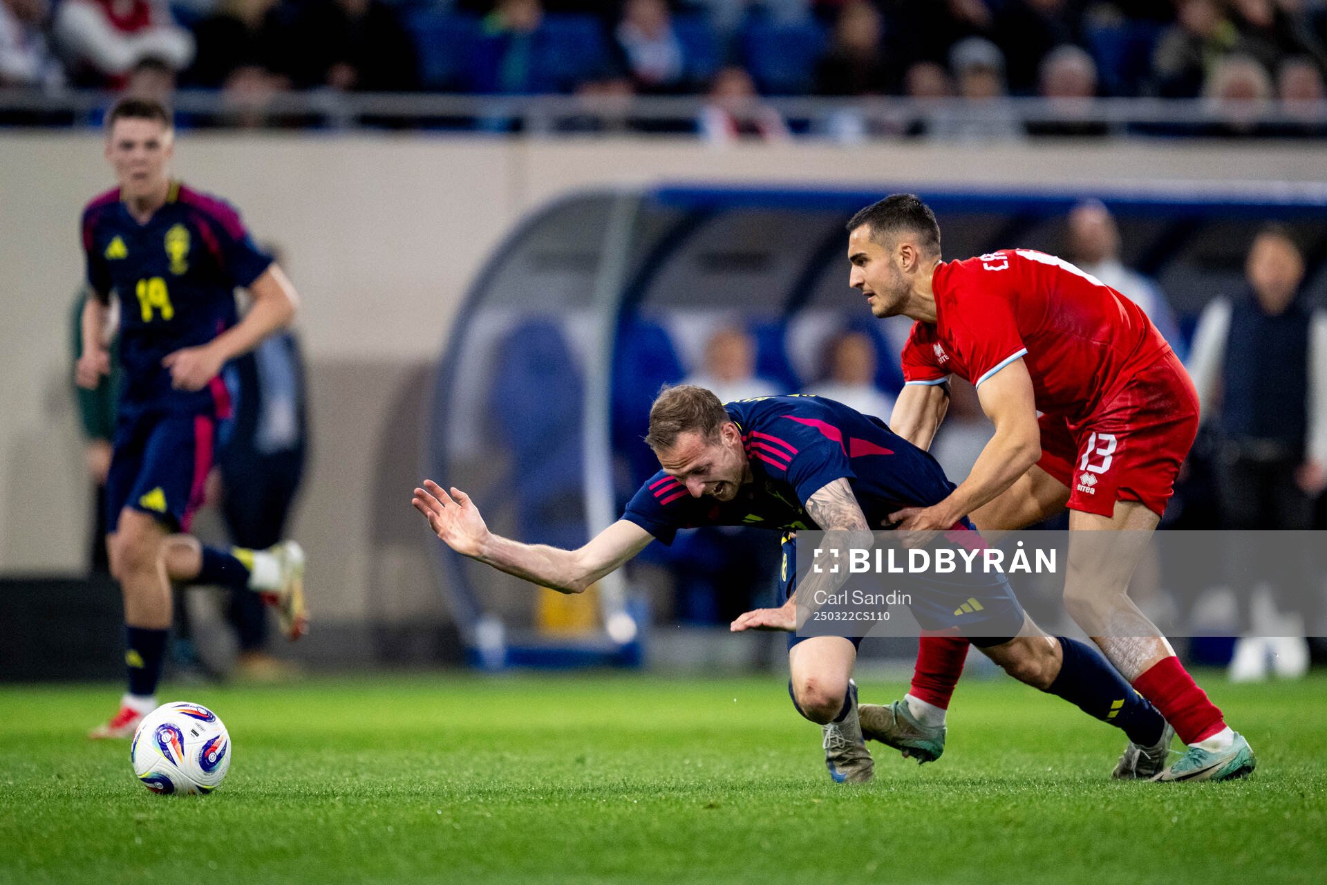Gustaf Nilsson of Sweden and Dirk Carlson of Luxembourg during the international friendly football match between Luxembourg and Sweden on March 22, 2025 in Luxembourg.